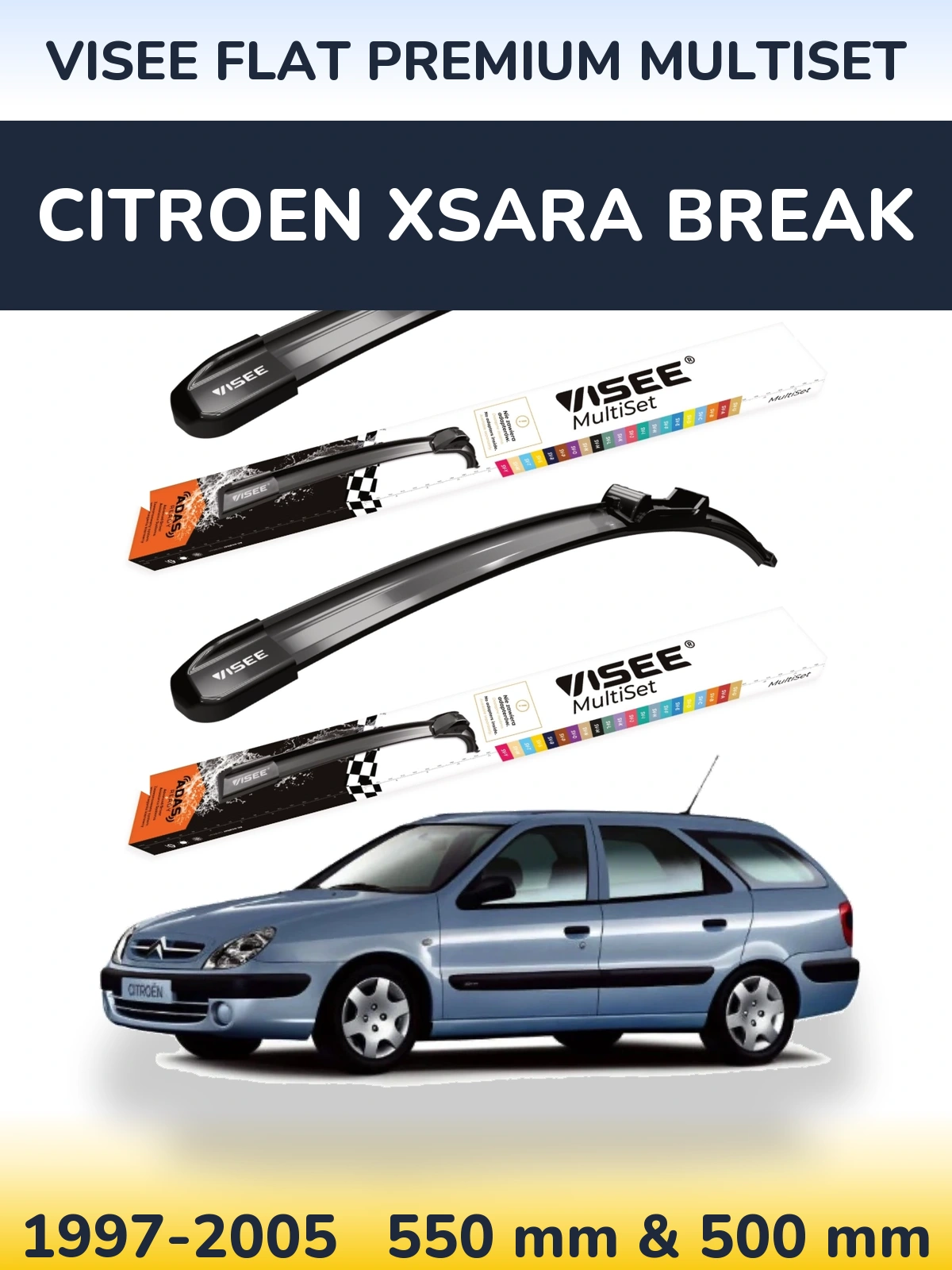 Sada předních stěračů VISEE FLAT PREMIUM MultiSet 550 a 500 mm pro Citroen Xsara Break 1997-2005