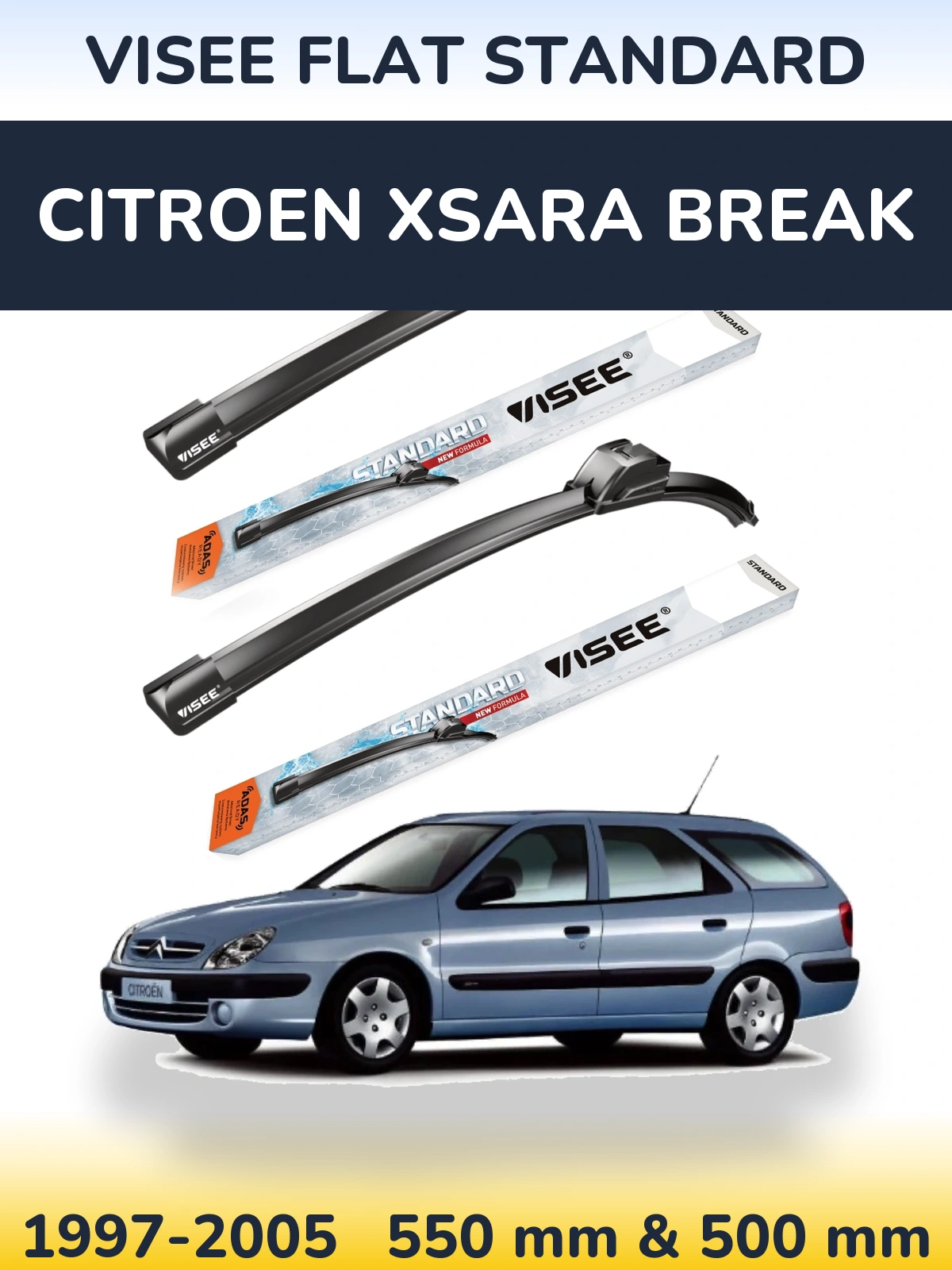 Комплект передніх щіток VISEE FLAT STANDARD 550 & 500 мм для Citroen Xsara Break 1997-2005