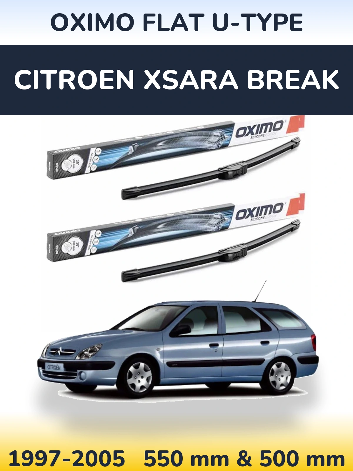 Sada předních stěračů Oximo Flat U-type 550 a 500 mm pro Citroen Xsara Break 1997-2005