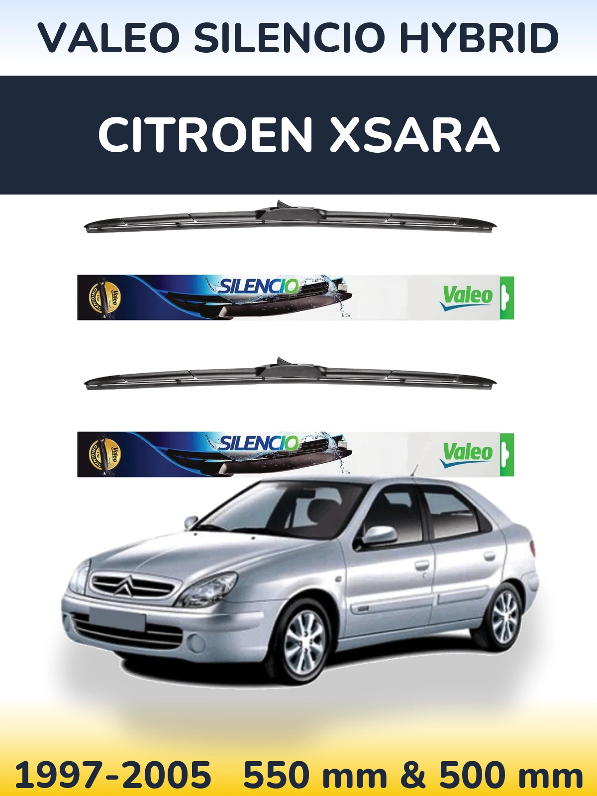 Sada předních stěračů Valeo Silencio Hybrid 550 a 500 mm pro Citroen Xsara 1997-2005