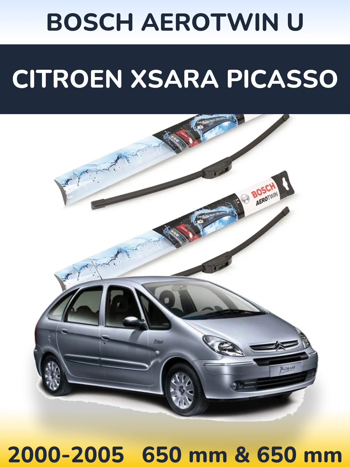 Sada předních stěračů BOSCH AeroTwin U 650 a 650 mm pro Citroen Xsara Picasso 2000-2005