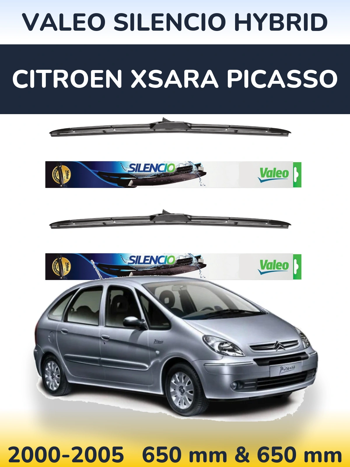Sada předních stěračů Valeo Silencio Hybrid 650 a 650 mm pro Citroen Xsara Picasso 2000-2005