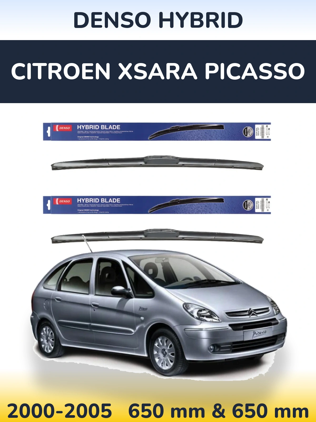 Sada předních stěračů Denso Hybrid 650 a 650 mm pro Citroen Xsara Picasso 2000-2005