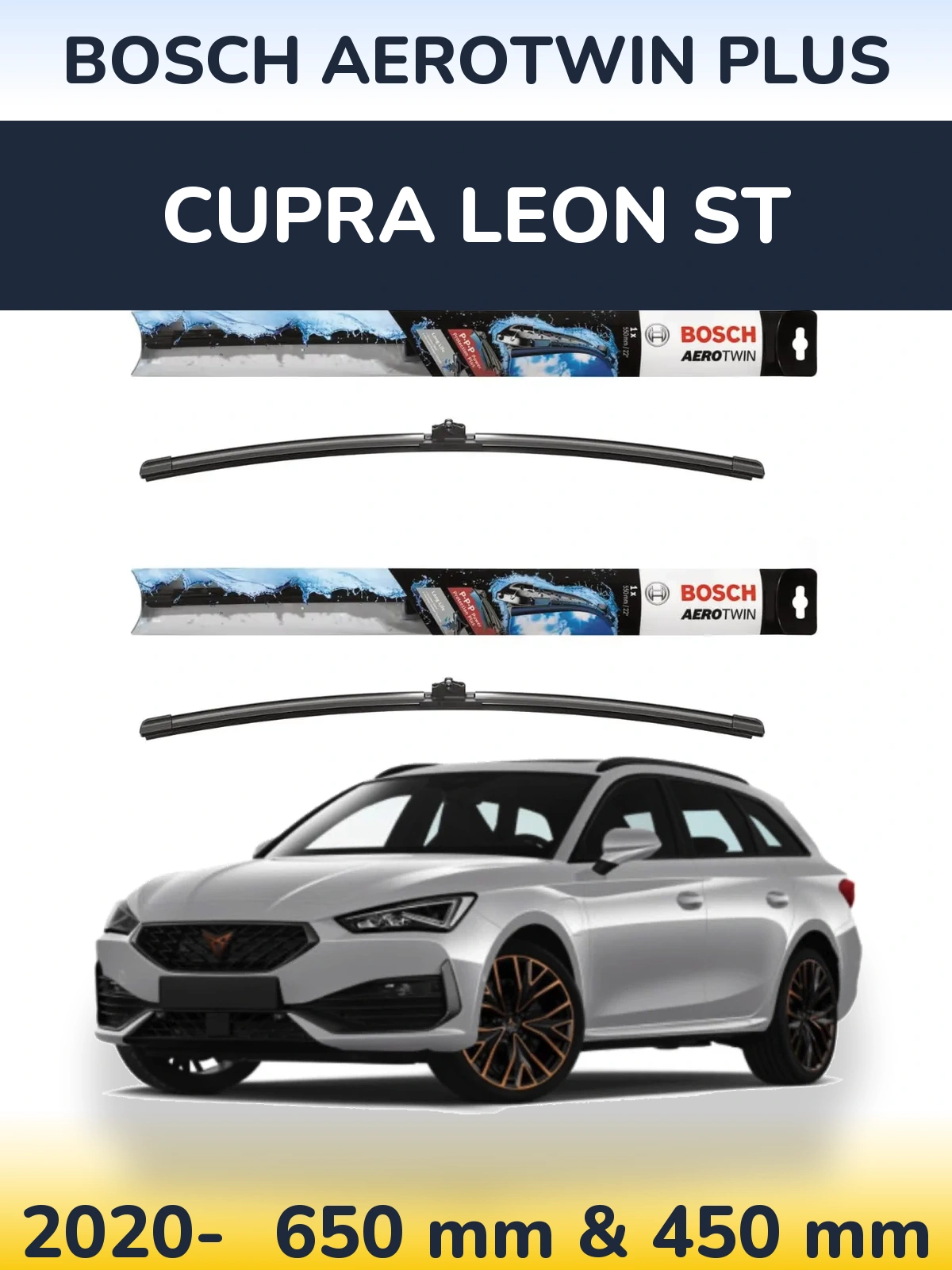 Sada předních stěračů BOSCH AeroTwin Plus 650 a 450 mm pro Cupra Leon ST 2020-2026