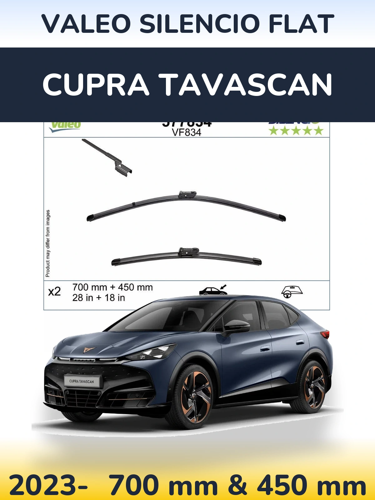 Sada předních stěračů Valeo Silencio Flat 700 a 450 mm pro Cupra Tavascan 2023-2026