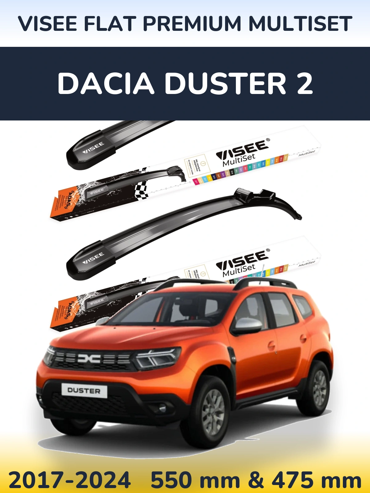 Sada předních stěračů VISEE FLAT PREMIUM MultiSet 550 a 475 mm pro Dacia Duster 2 2017-2024