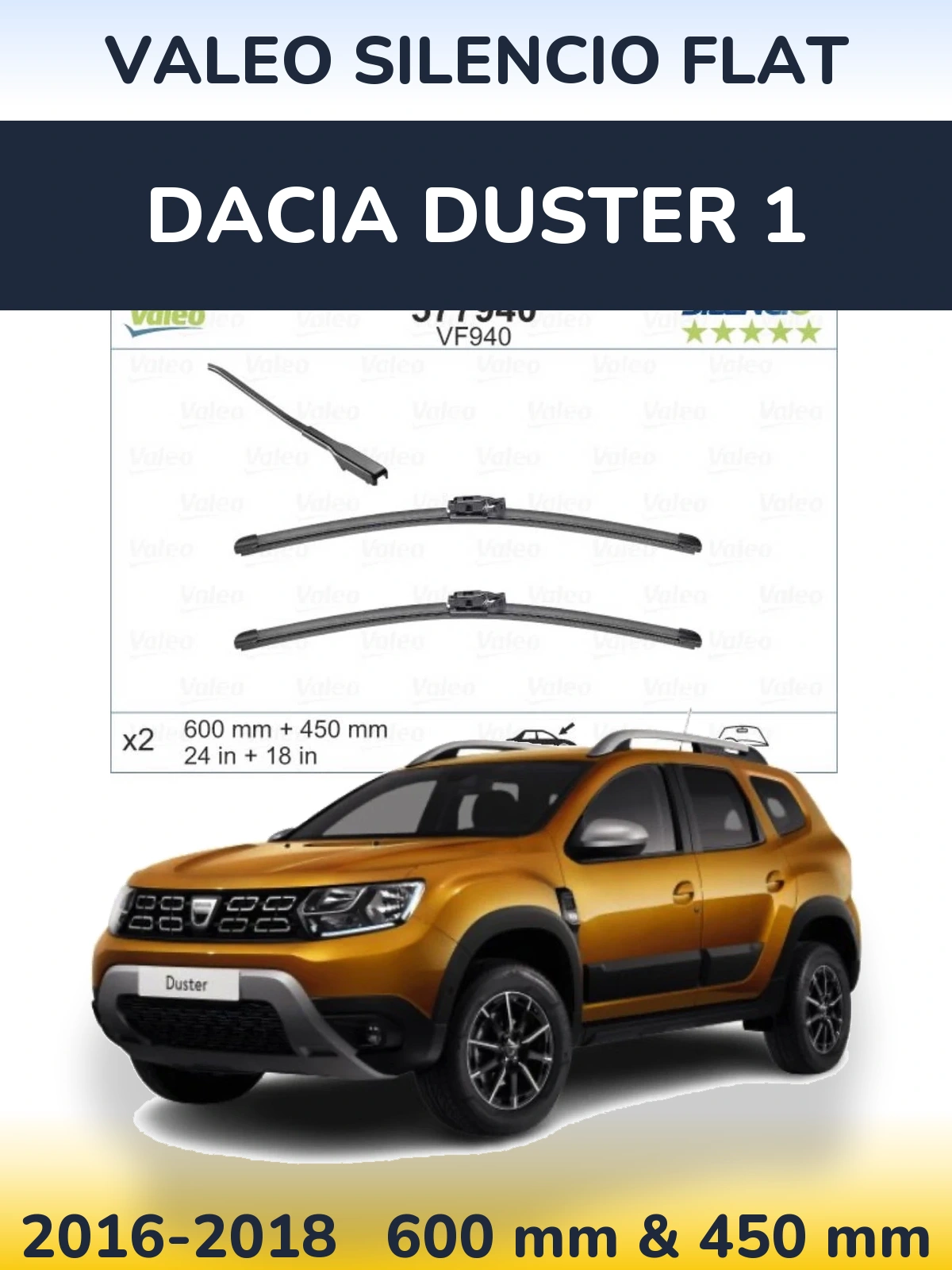 Sada předních stěračů Valeo Silencio Flat 600 a 450 mm pro Dacia Duster 1 2016-2018