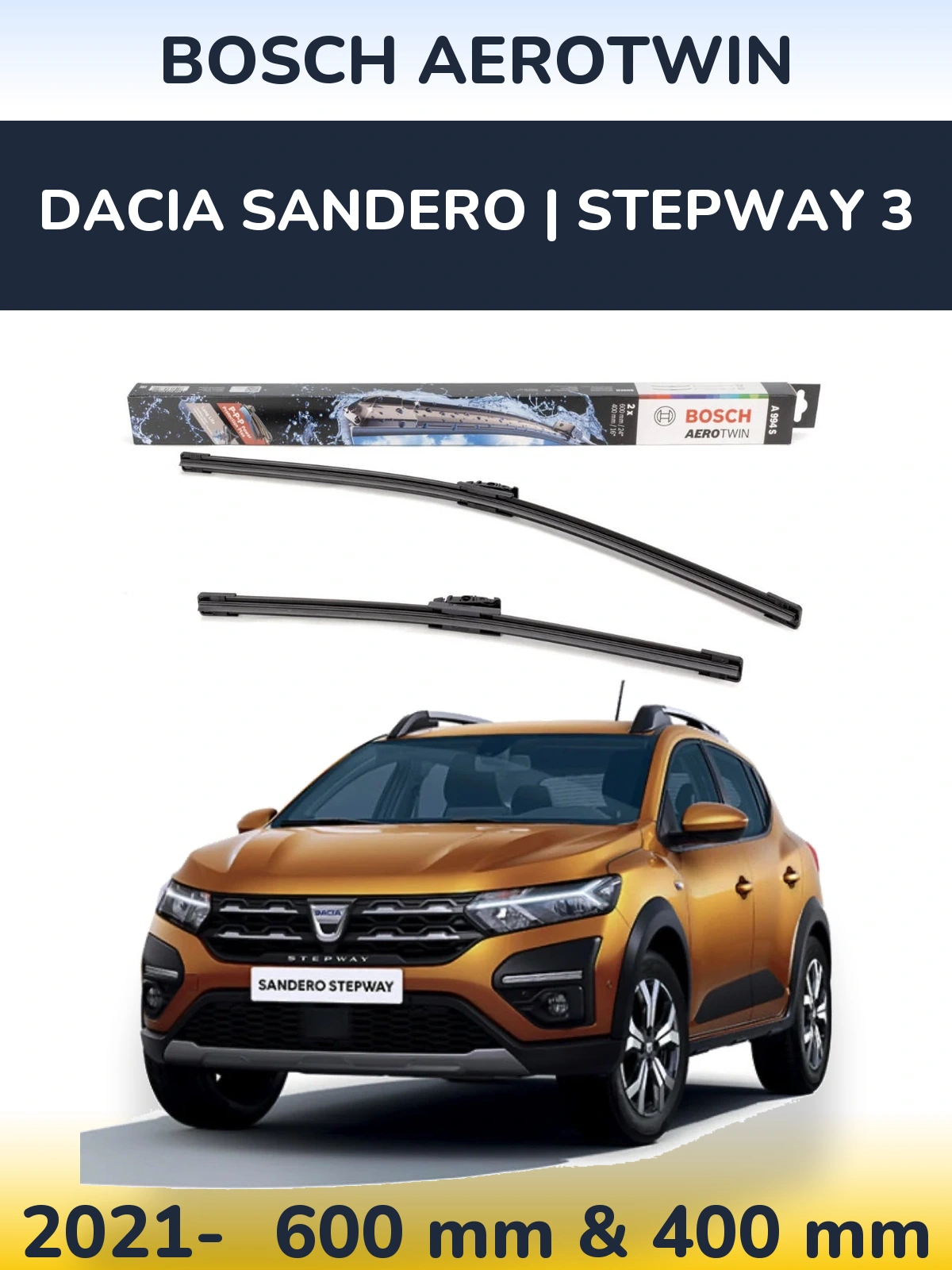 Sada předních stěračů BOSCH AeroTwin 600 a 400 mm pro Dacia Sandero | Stepway 3 2021-2026
