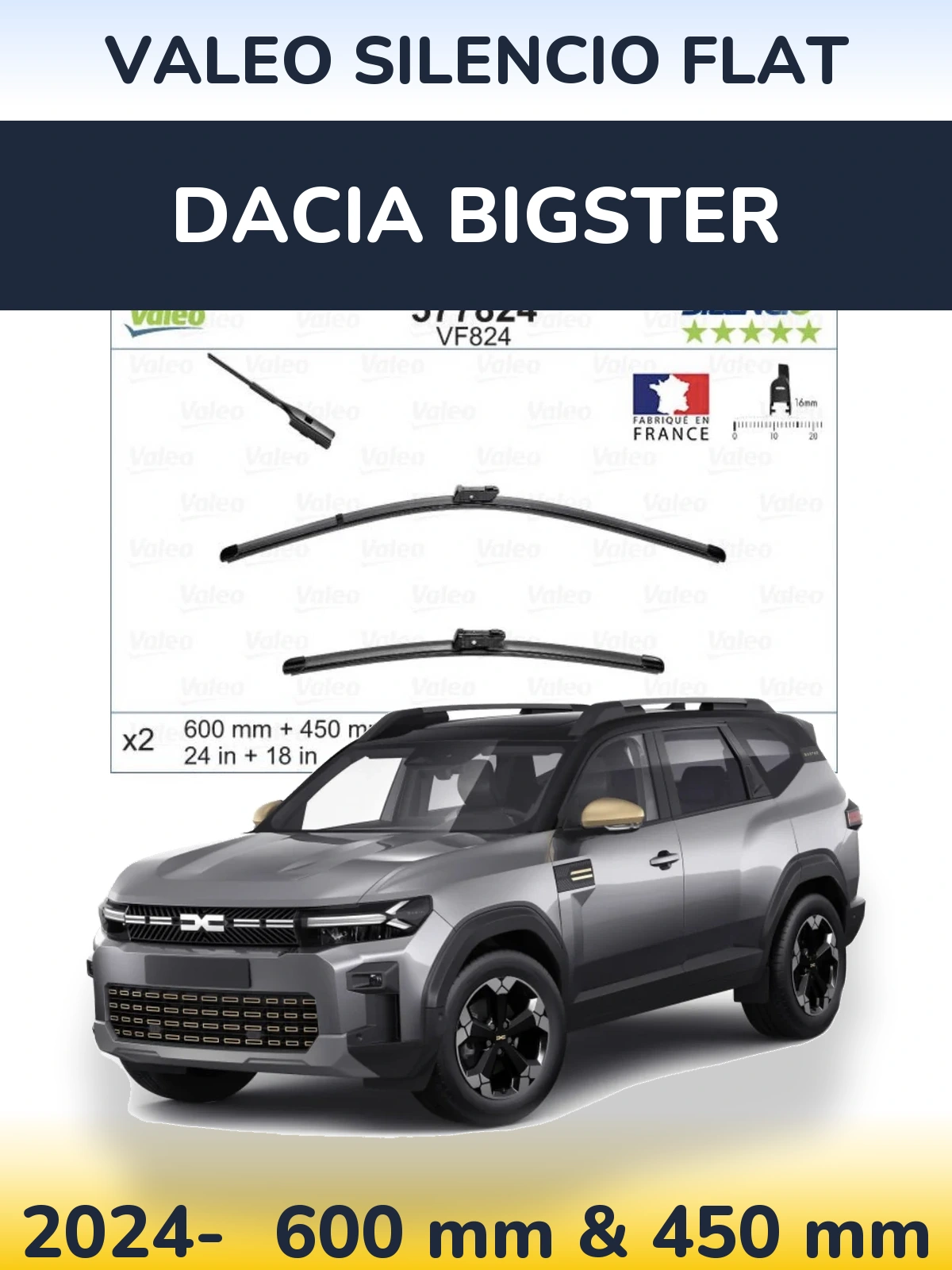Sada předních stěračů Valeo Silencio Flat 600 a 450 mm pro Dacia Bigster 2024-2026