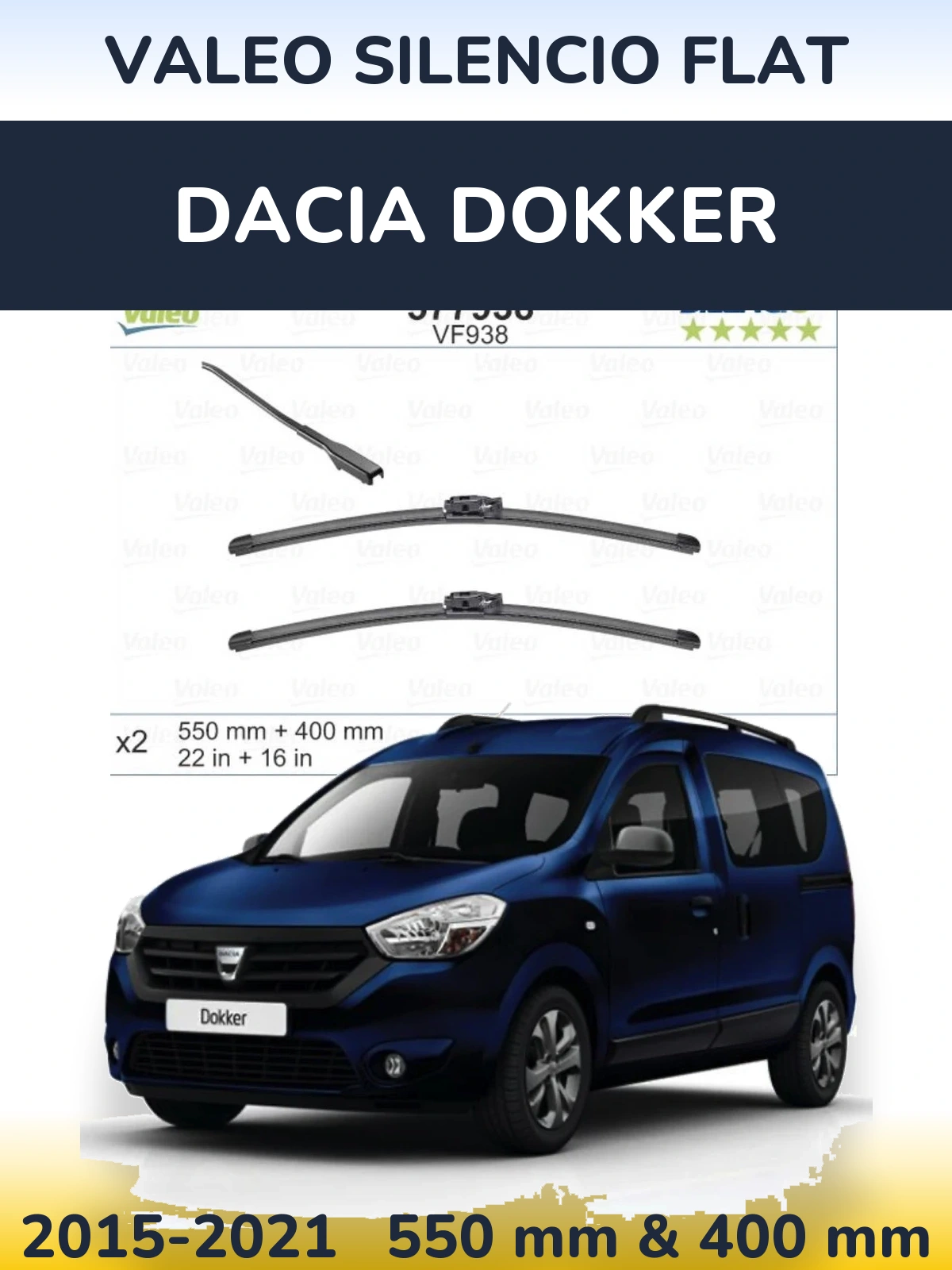 Sada předních stěračů Valeo Silencio Flat 550 a 400 mm pro Dacia Dokker 2015-2021