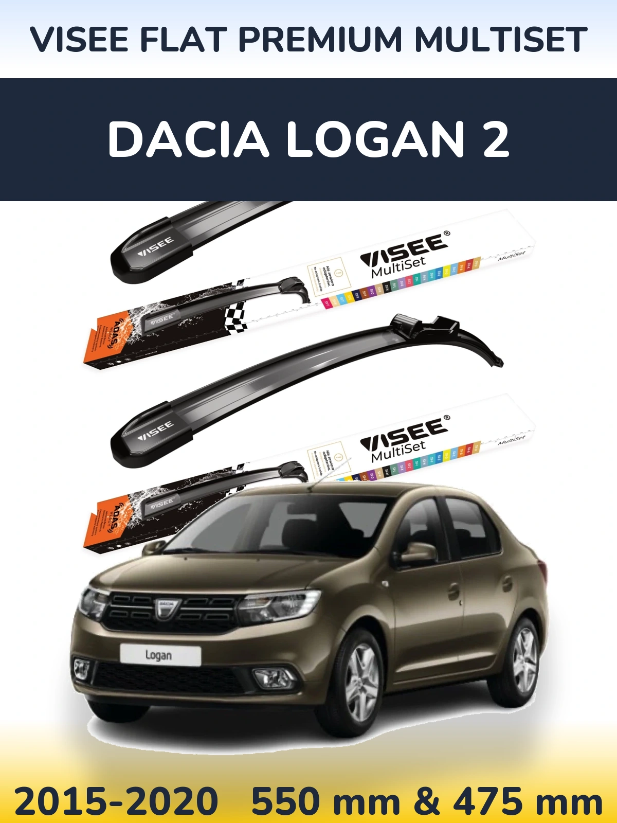 Sada předních stěračů VISEE FLAT PREMIUM MultiSet 550 a 475 mm pro Dacia Logan 2 2015-2020
