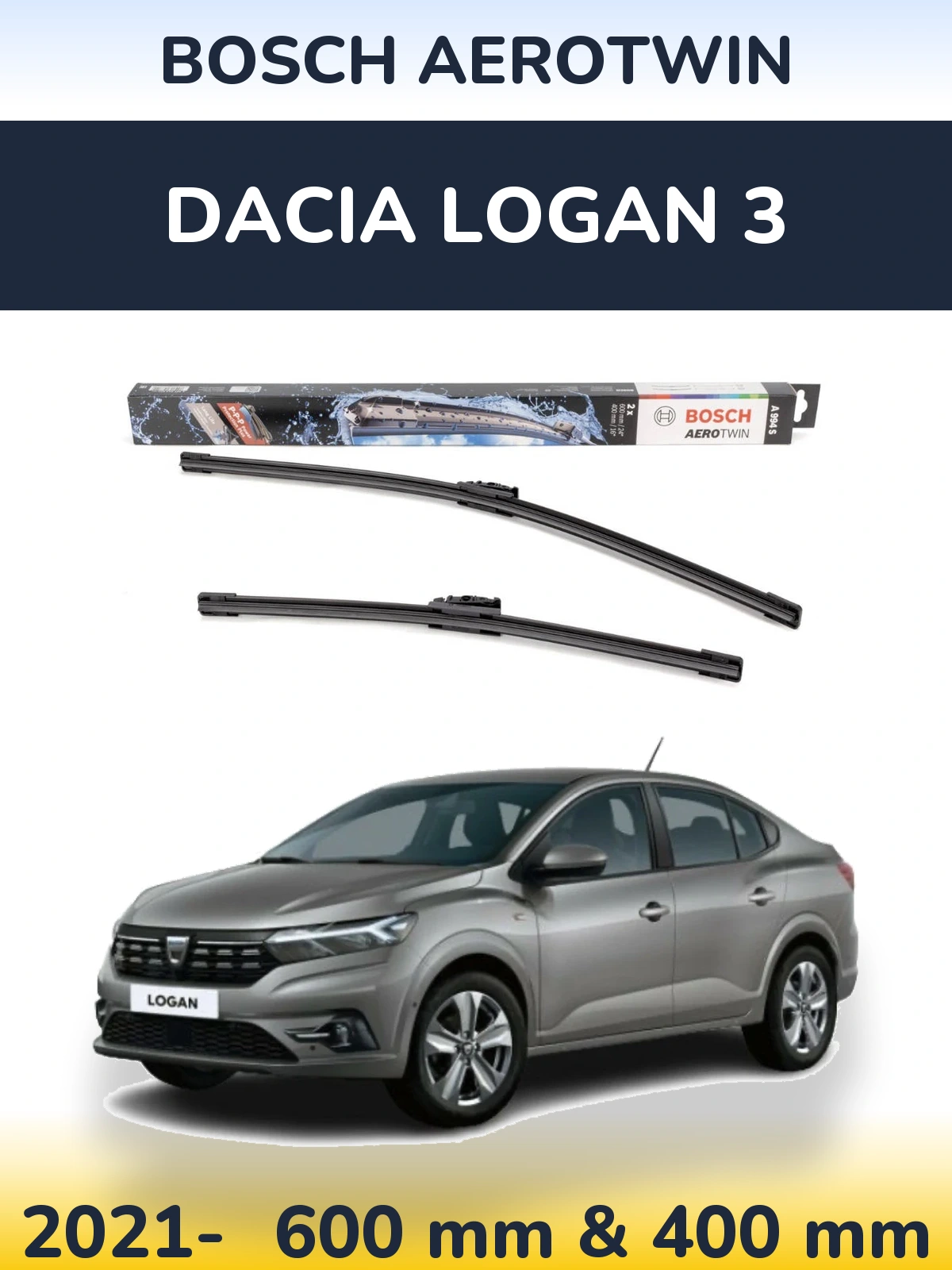 Комплект передніх щіток BOSCH AeroTwin 600 & 400 мм для Dacia Logan 3 2021-2026
