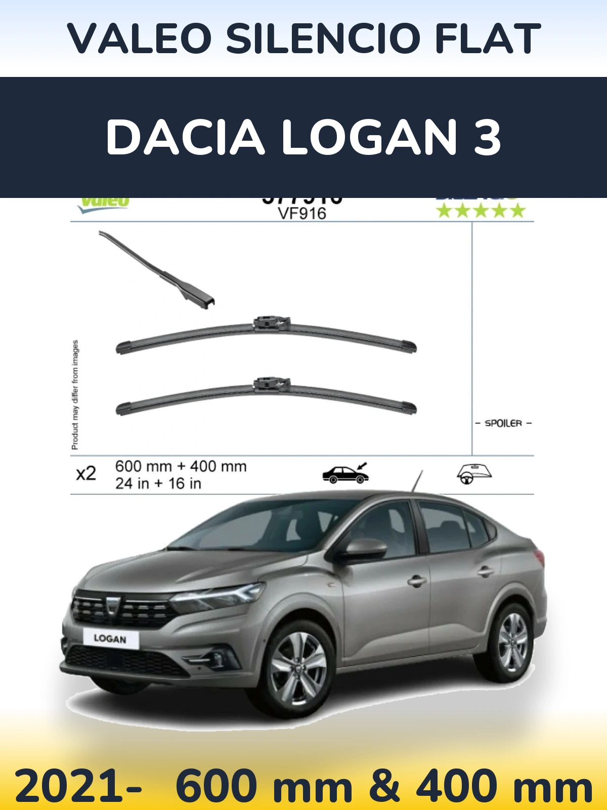 Sada předních stěračů Valeo Silencio Flat 600 a 400 mm pro Dacia Logan 3 2021-2026