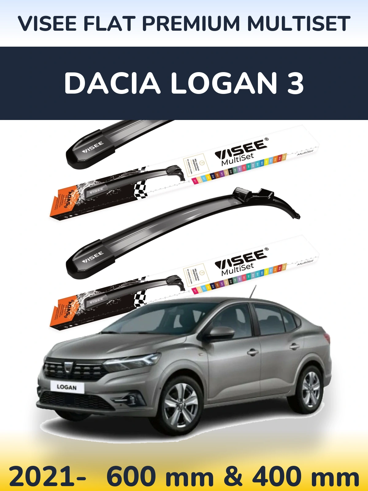 Комплект передніх щіток VISEE FLAT PREMIUM MultiSet 600 & 400 мм для Dacia Logan 3 2021-2026