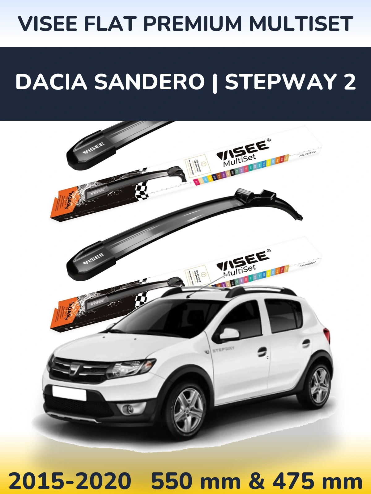 Sada předních stěračů VISEE FLAT PREMIUM MultiSet 550 a 475 mm pro Dacia Sandero | Stepway 2 2015-2020
