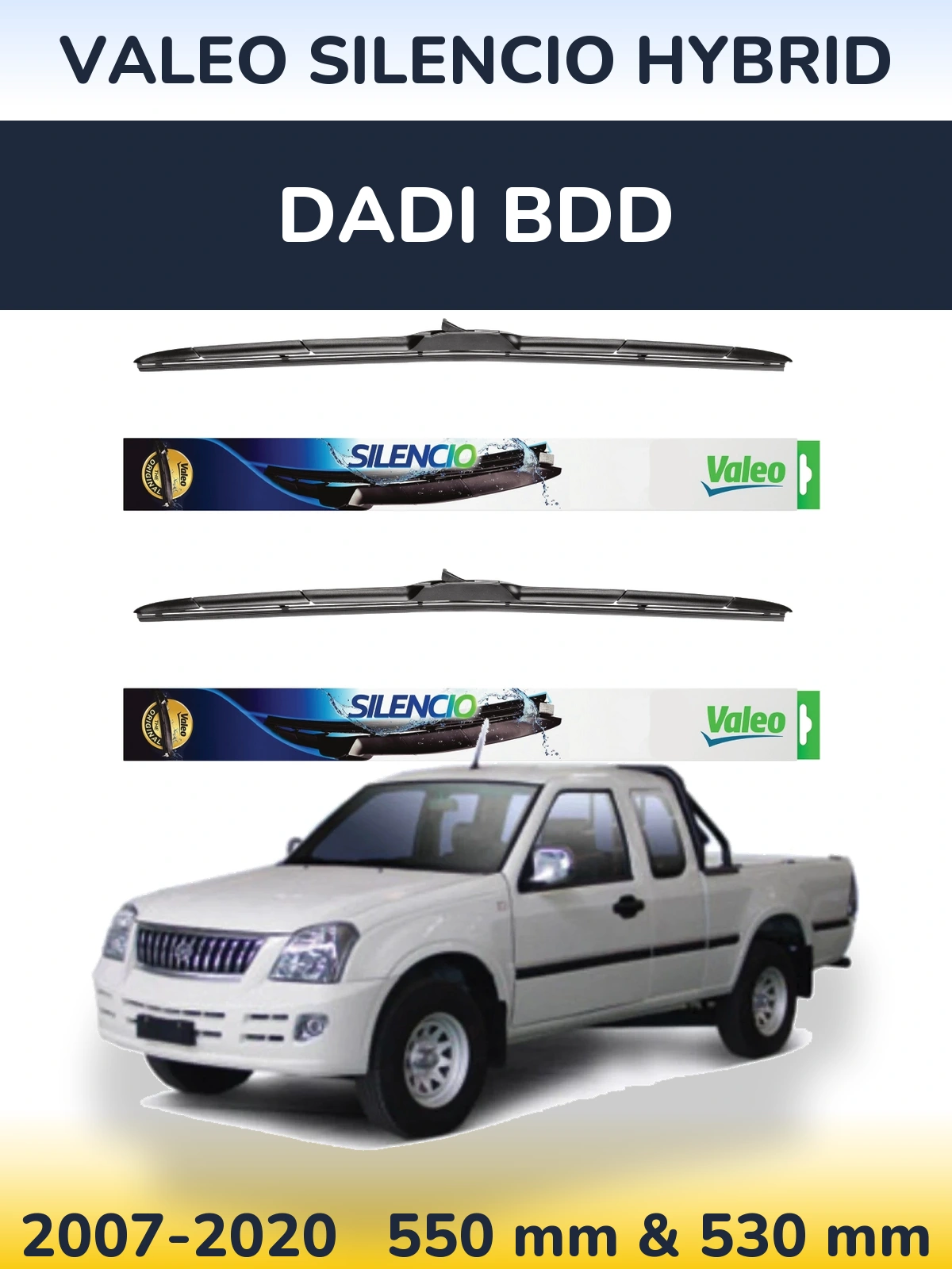 Sada předních stěračů Valeo Silencio Hybrid 550 a 530 mm pro Dadi BDD 2007-2020