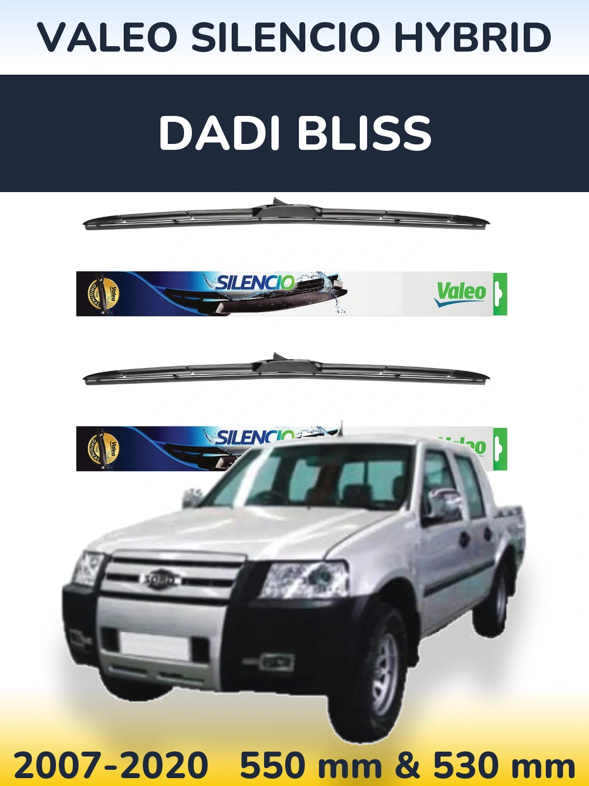 Sada předních stěračů Valeo Silencio Hybrid 550 a 530 mm pro Dadi Bliss 2007-2020