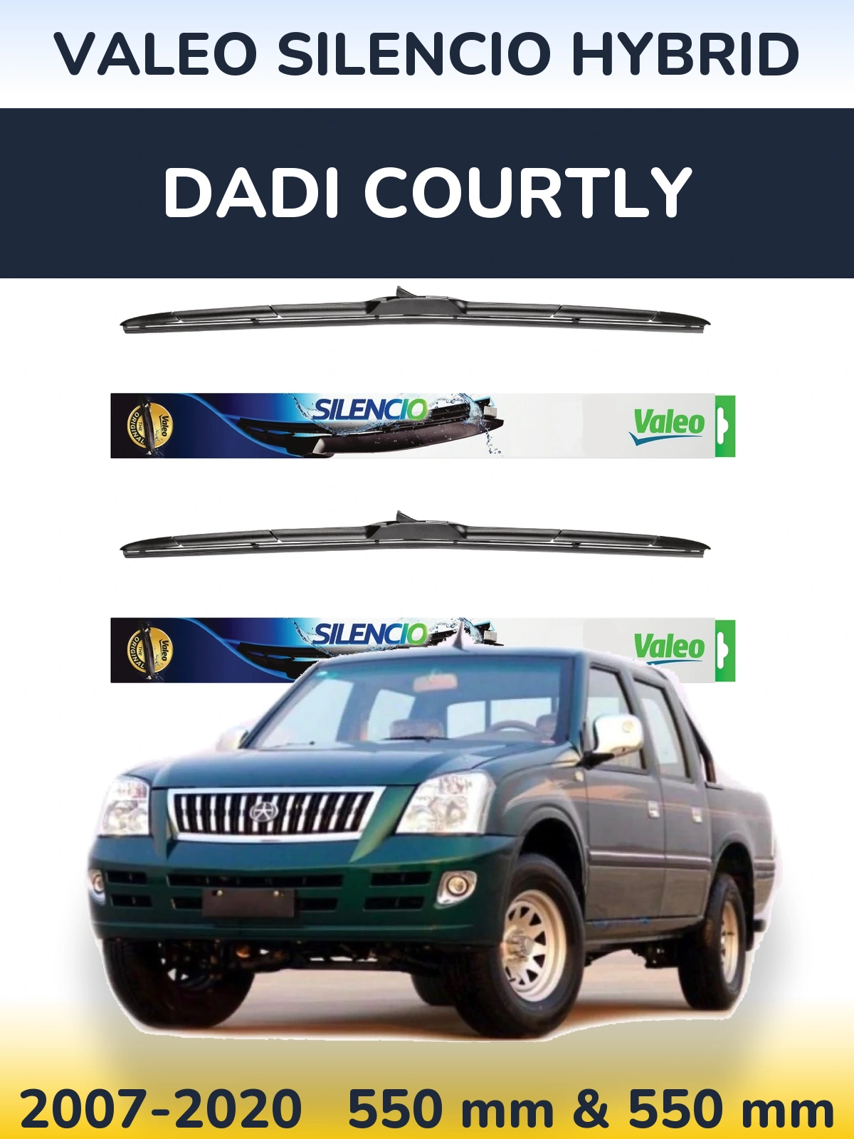 Sada předních stěračů Valeo Silencio Hybrid 550 a 550 mm pro Dadi Courtly 2007-2020