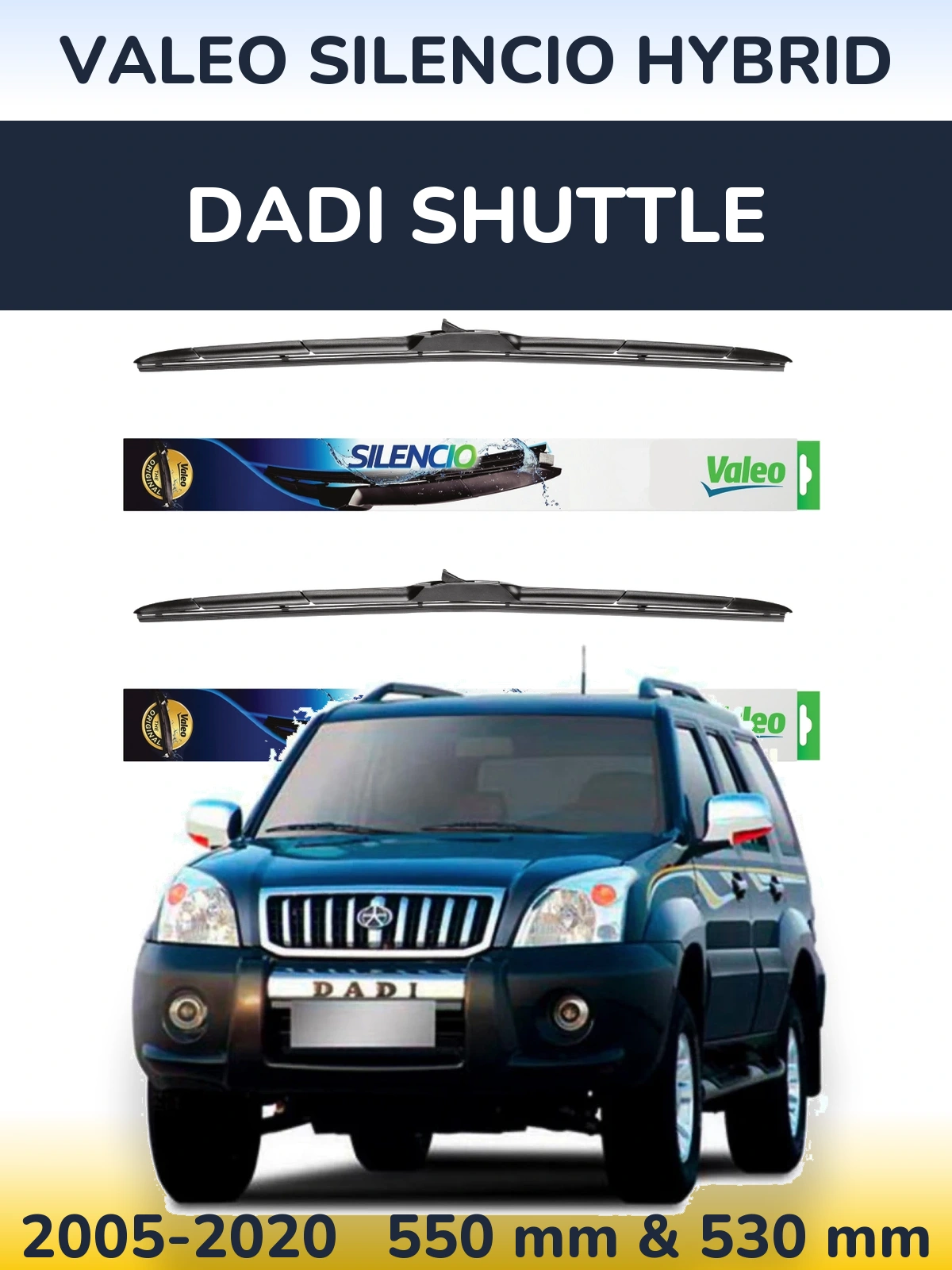Sada předních stěračů Valeo Silencio Hybrid 550 a 530 mm pro Dadi Shuttle 2005-2020