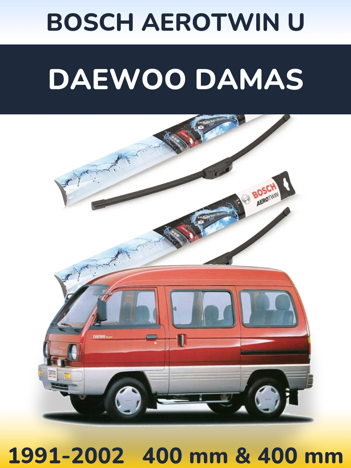 Sada předních stěračů BOSCH AeroTwin U 400 a 400 mm pro Daewoo Damas 1991-2002