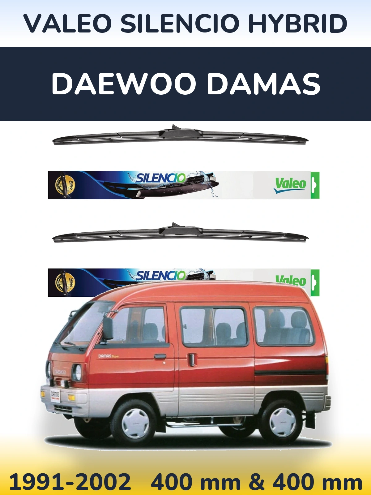 Sada předních stěračů Valeo Silencio Hybrid 400 a 400 mm pro Daewoo Damas 1991-2002
