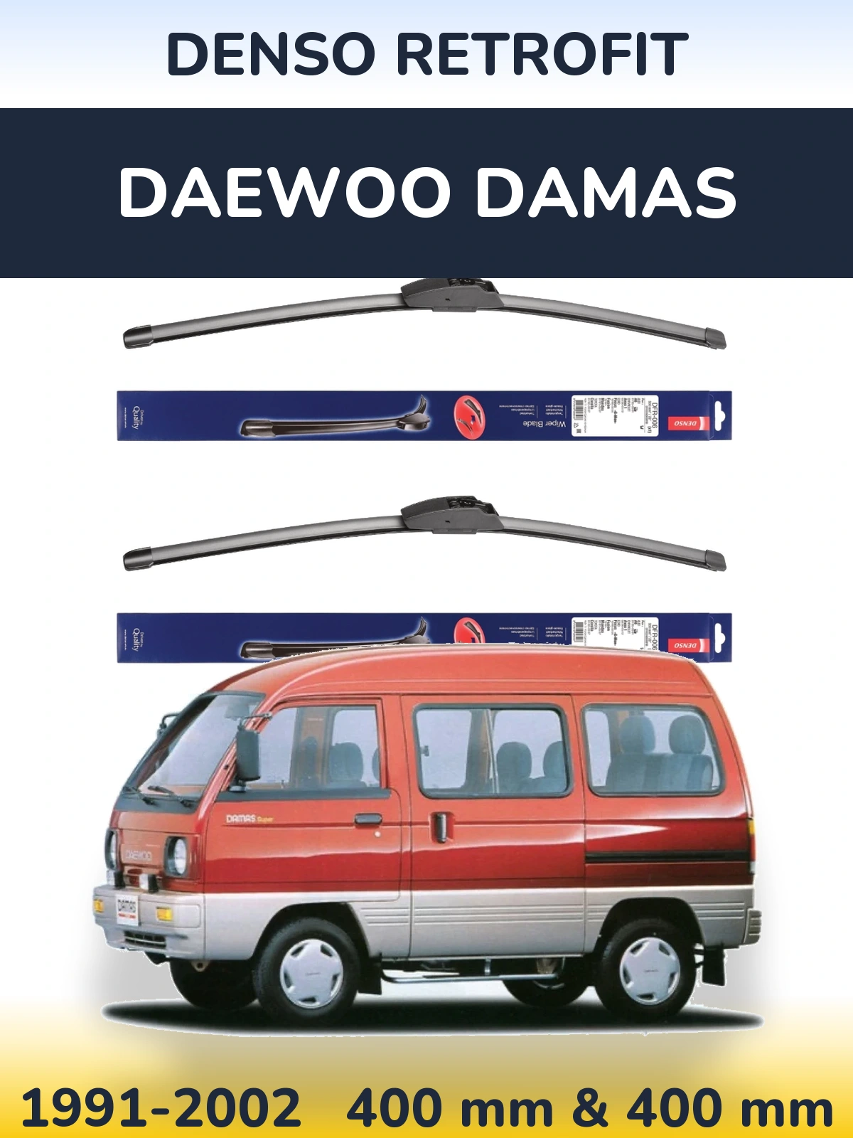 Sada předních stěračů Denso Retrofit 400 a 400 mm pro Daewoo Damas 1991-2002
