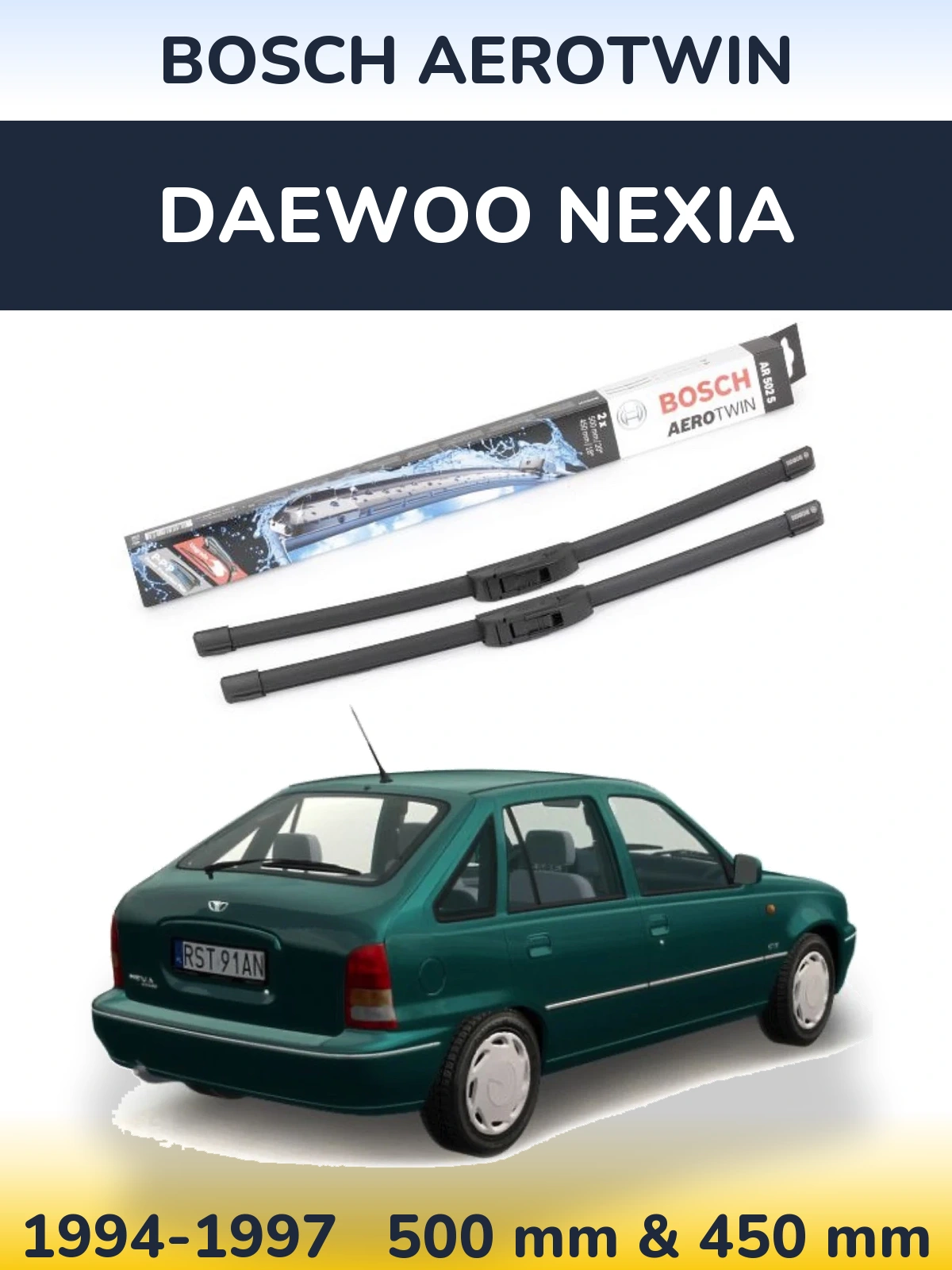 Sada předních stěračů BOSCH AeroTwin 500 a 450 mm pro Daewoo Nexia 1994-1997