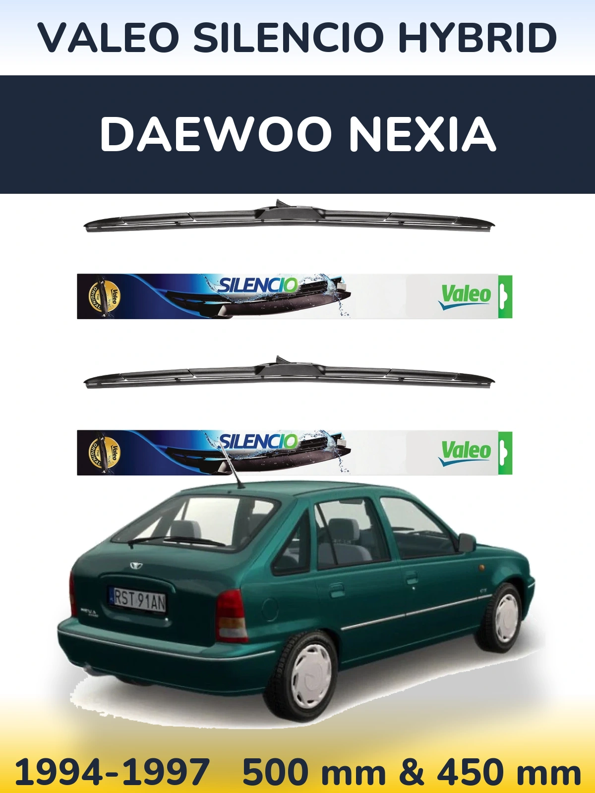 Sada předních stěračů Valeo Silencio Hybrid 500 a 450 mm pro Daewoo Nexia 1994-1997