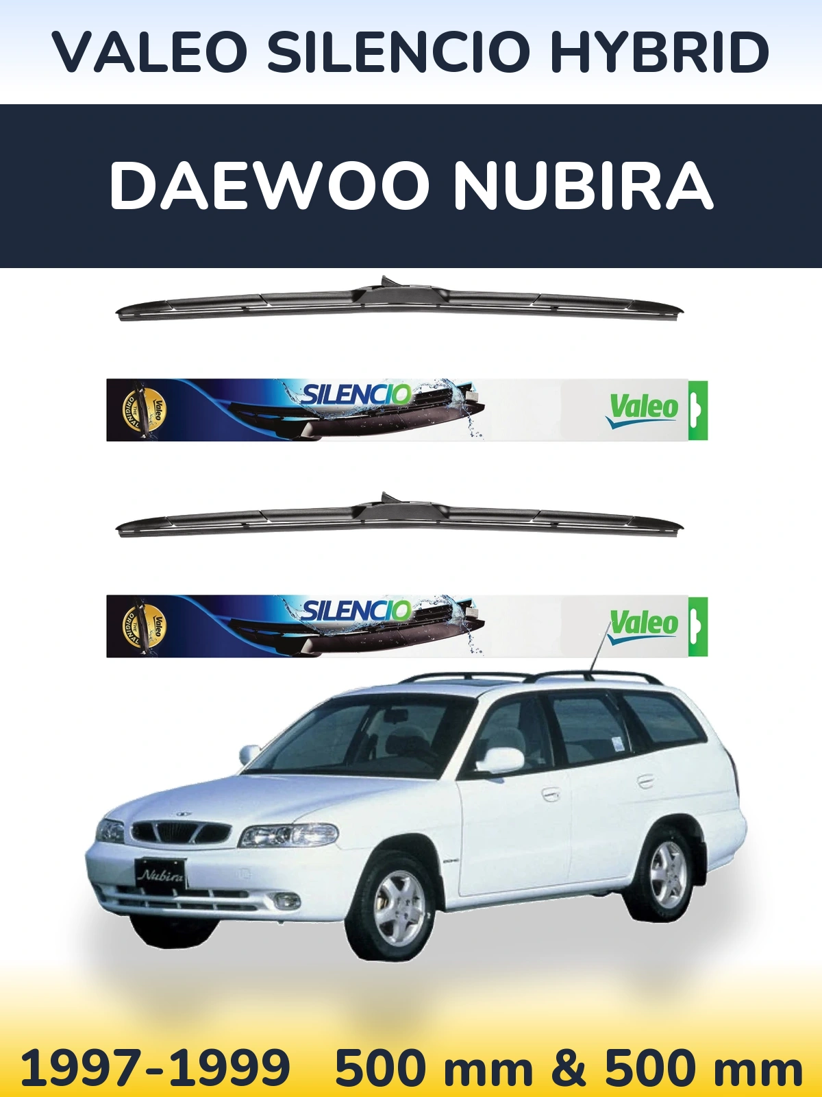 Sada předních stěračů Valeo Silencio Hybrid 500 a 500 mm pro Daewoo Nubira 1997-1999