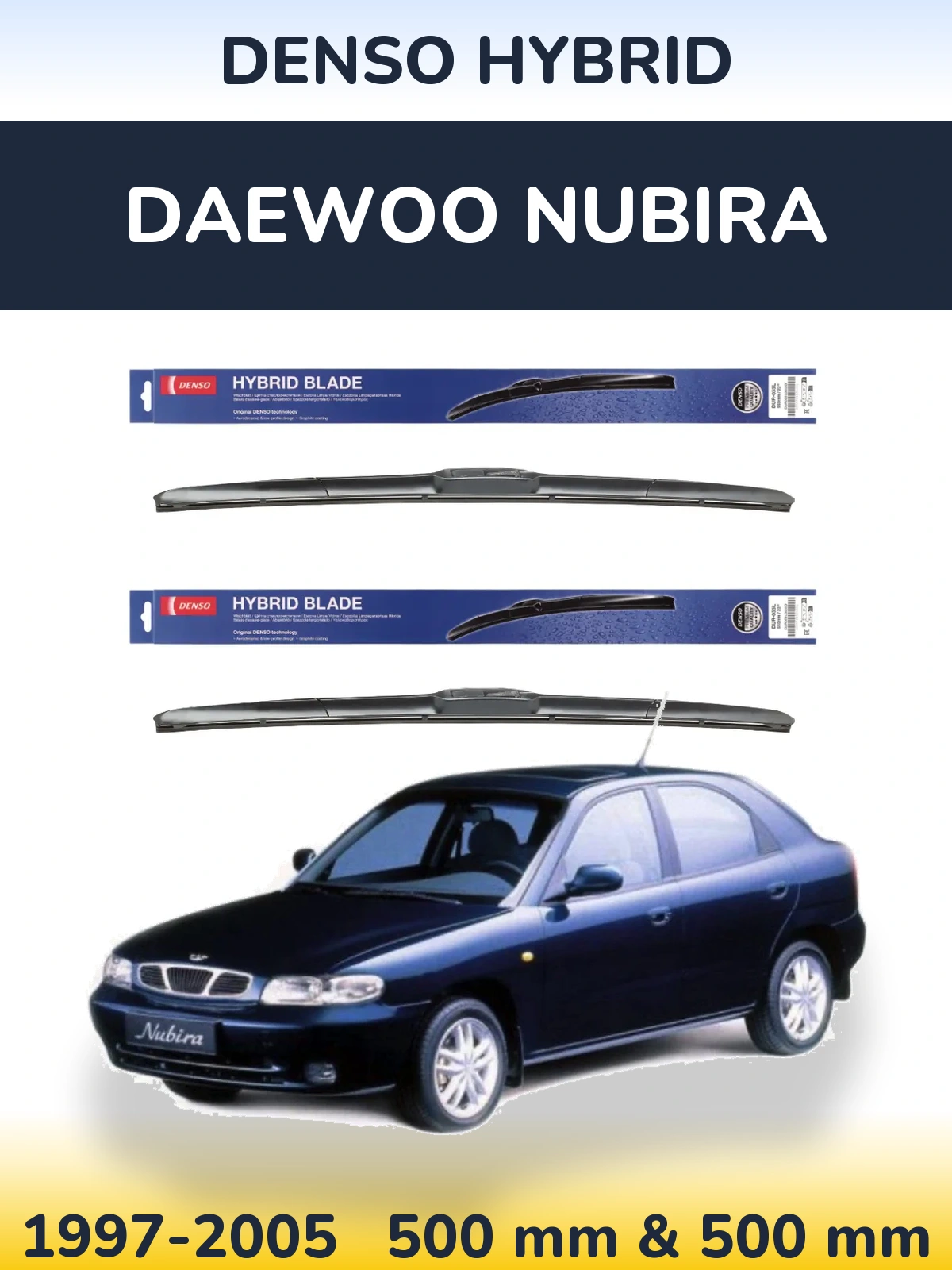 Sada předních stěračů Denso Hybrid 500 a 500 mm pro Daewoo Nubira 1997-2005