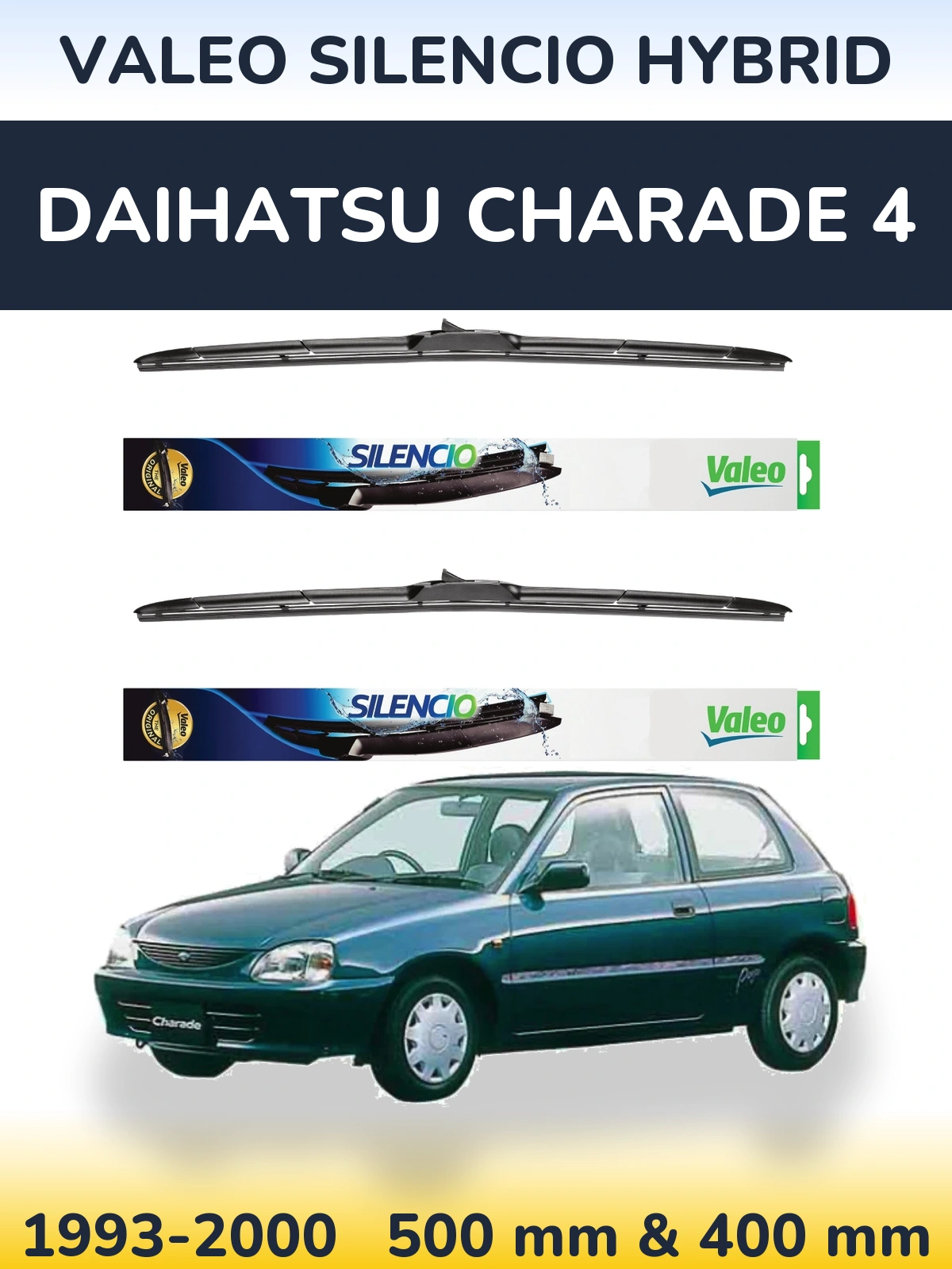 Sada předních stěračů Valeo Silencio Hybrid 500 a 400 mm pro Daihatsu Charade 4 1993-2000