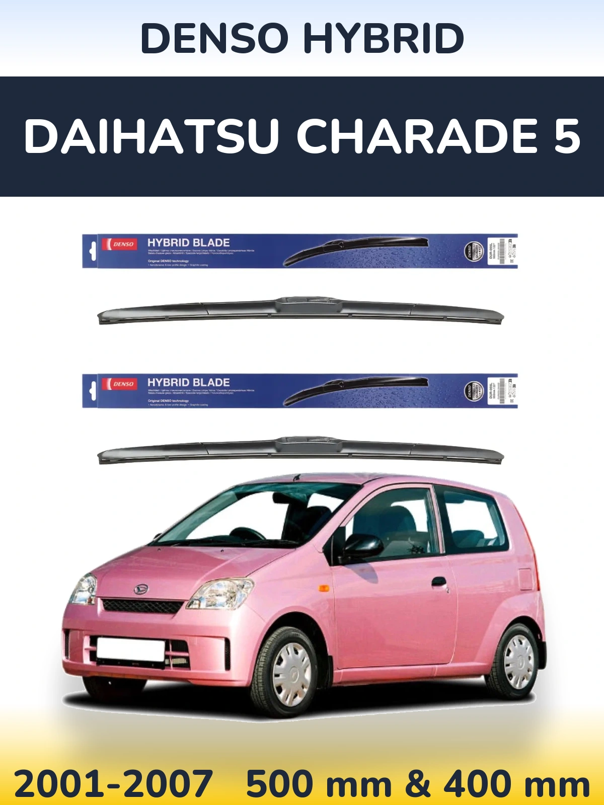 Sada předních stěračů Denso Hybrid 500 a 400 mm pro Daihatsu Charade 5 2001-2007