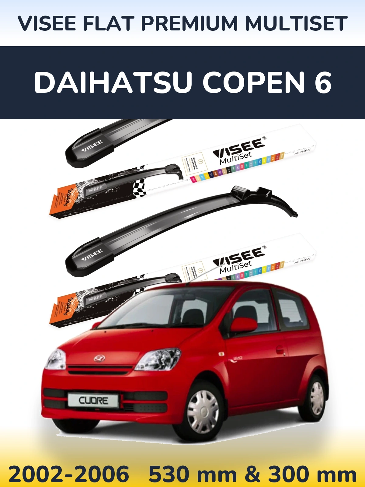 Sada předních stěračů VISEE FLAT PREMIUM MultiSet 530 a 300 mm pro Daihatsu Copen 6 2002-2006