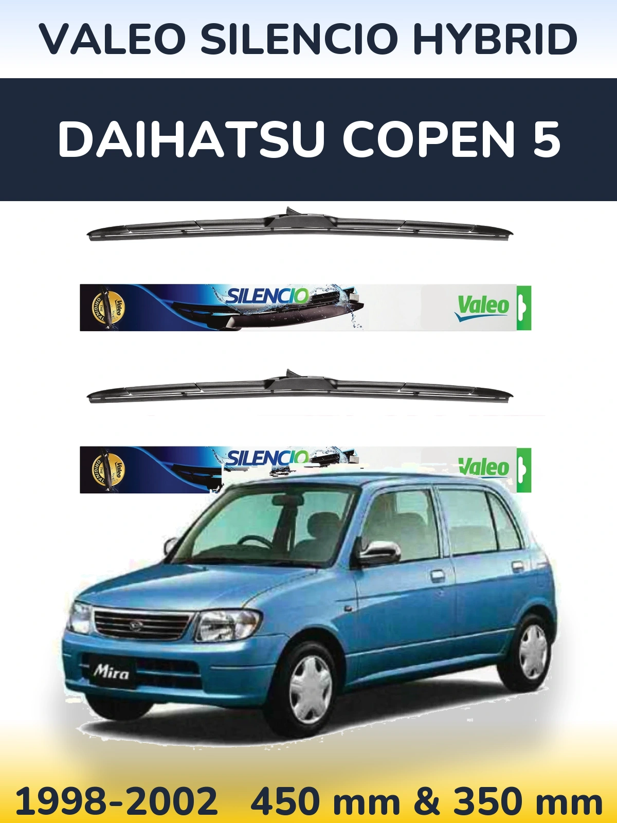 Sada předních stěračů Valeo Silencio Hybrid 450 a 350 mm pro Daihatsu Copen 5 1998-2002