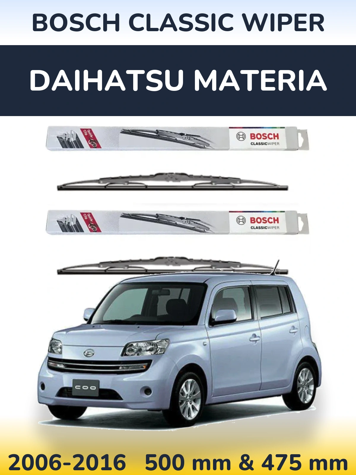 Sada předních stěračů BOSCH Classic Wiper 500 a 475 mm pro Daihatsu Materia 2006-2016