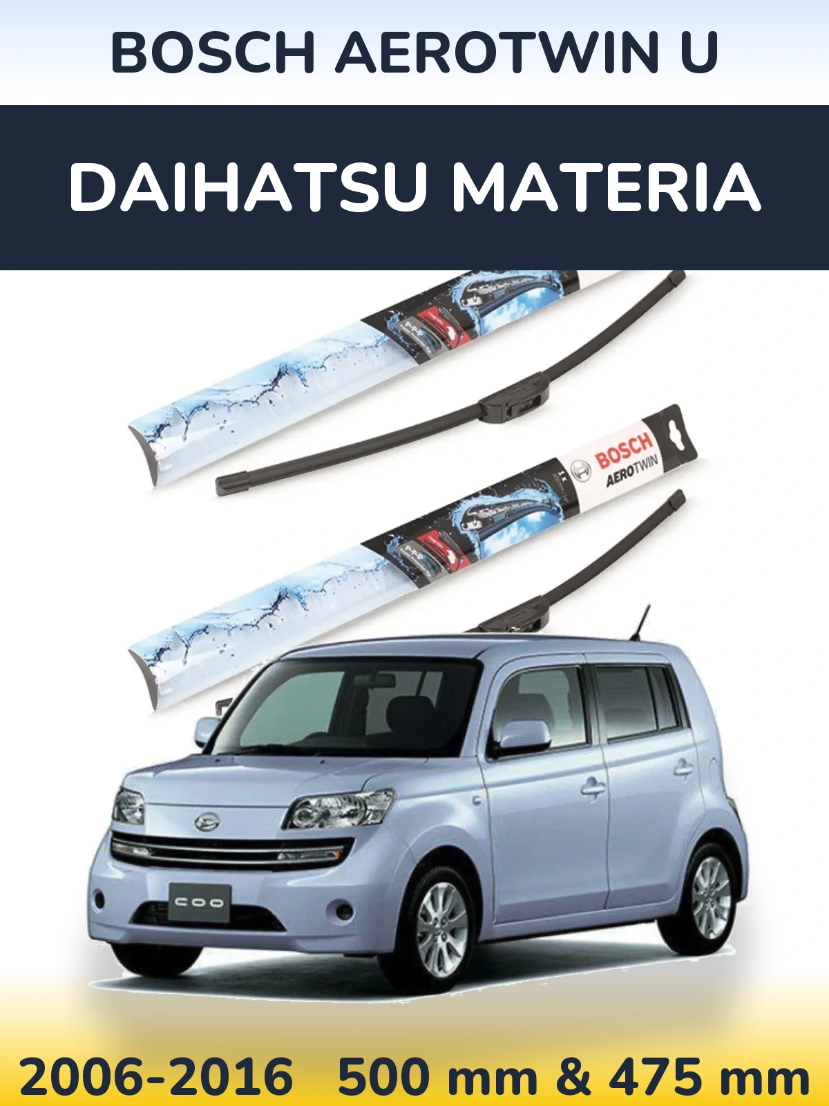 Sada předních stěračů BOSCH AeroTwin U 500 a 475 mm pro Daihatsu Materia 2006-2016