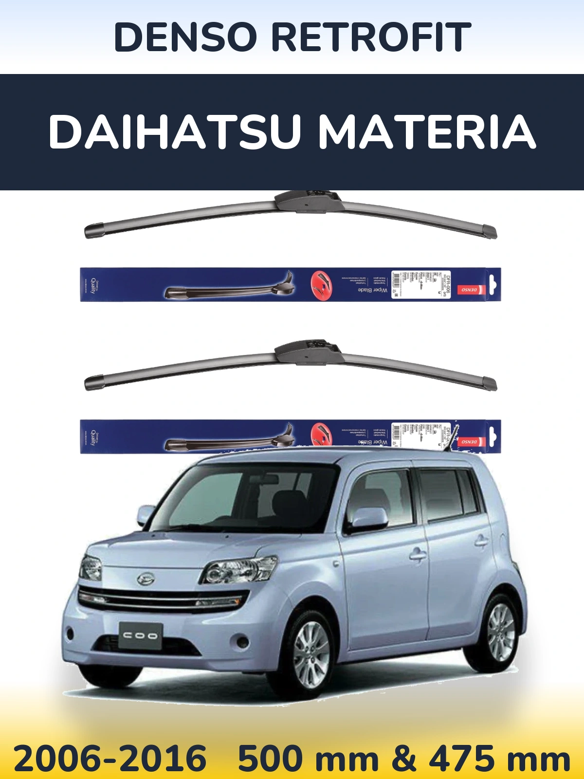 Sada předních stěračů Denso Retrofit 500 a 475 mm pro Daihatsu Materia 2006-2016