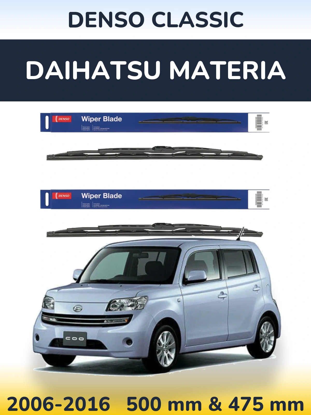 Sada předních stěračů Denso Classic 500 a 475 mm pro Daihatsu Materia 2006-2016