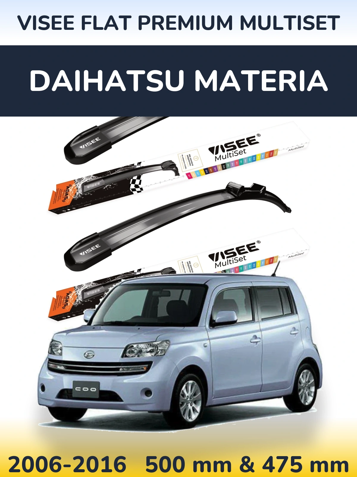 Sada předních stěračů VISEE FLAT PREMIUM MultiSet 500 a 475 mm pro Daihatsu Materia 2006-2016