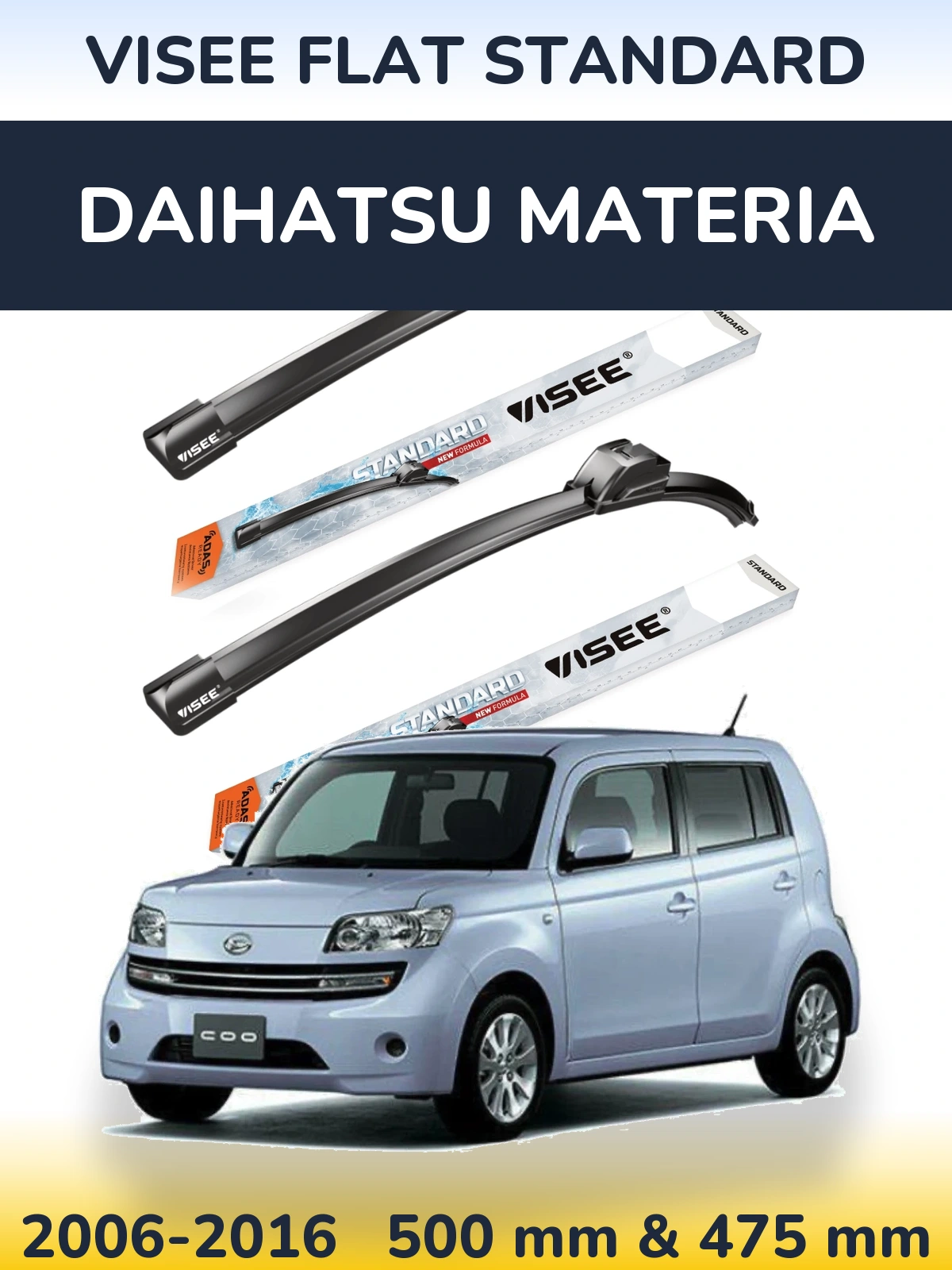 Sada předních stěračů VISEE FLAT STANDARD 500 a 475 mm pro Daihatsu Materia 2006-2016