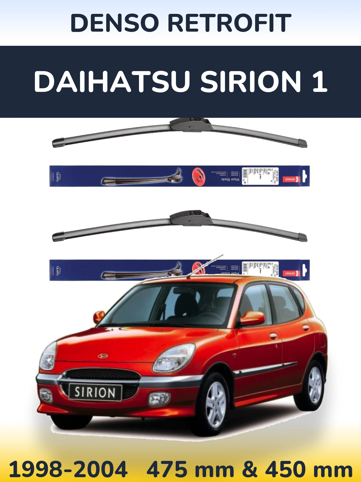 Sada předních stěračů Denso Retrofit 475 a 450 mm pro Daihatsu SIrion 1 1998-2004