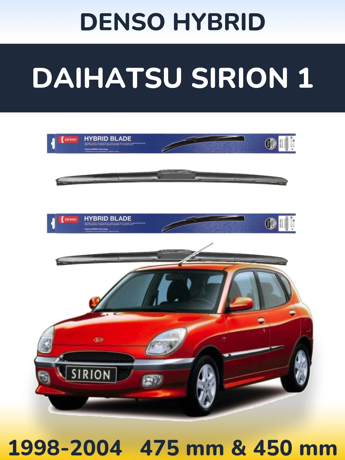 Sada předních stěračů Denso Hybrid 475 a 450 mm pro Daihatsu SIrion 1 1998-2004