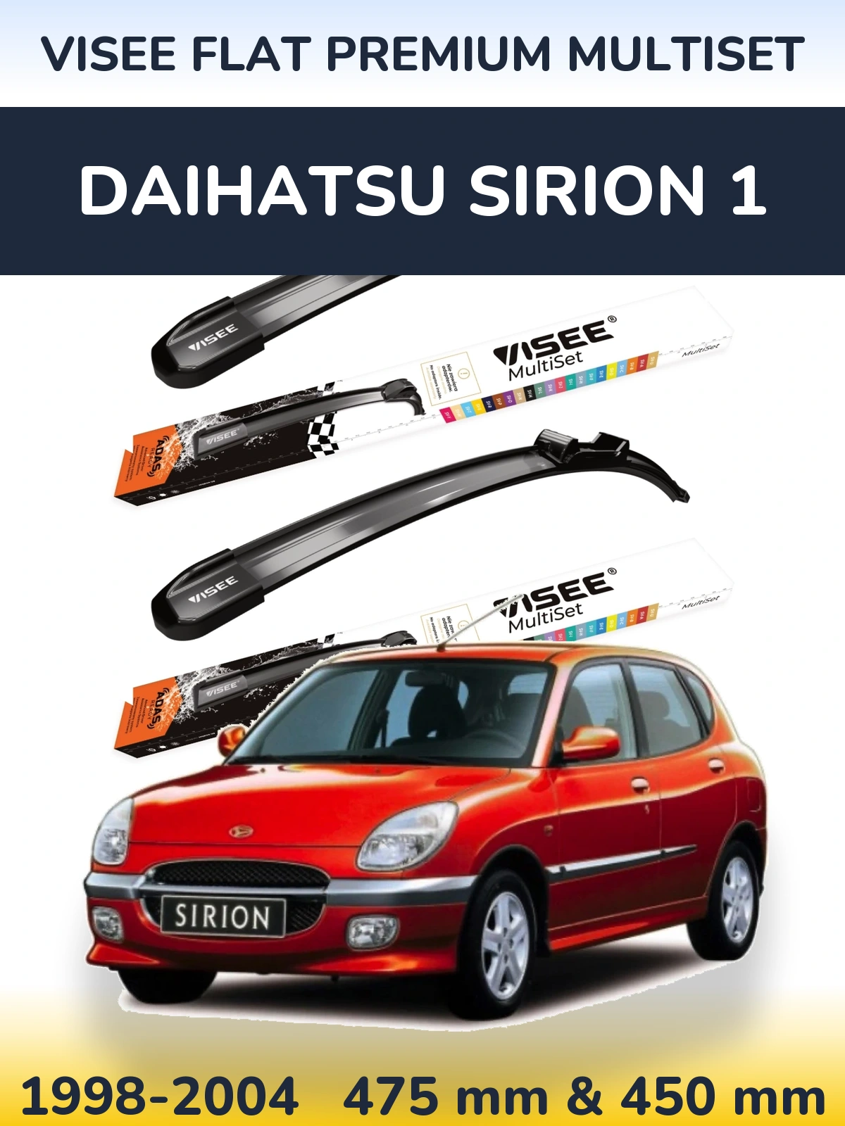 Sada předních stěračů VISEE FLAT PREMIUM MultiSet 475 a 450 mm pro Daihatsu SIrion 1 1998-2004