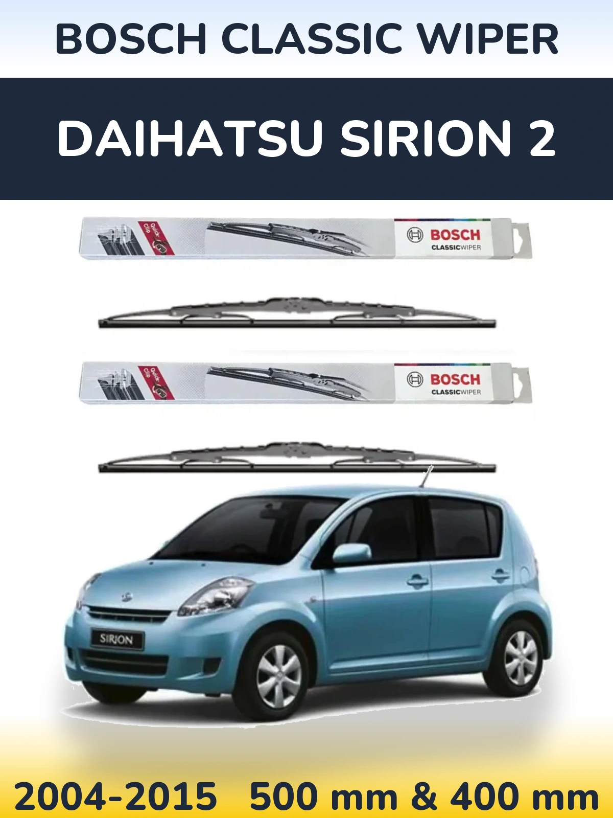 Sada předních stěračů BOSCH Classic Wiper 500 a 400 mm pro Daihatsu SIrion 2 2004-2015