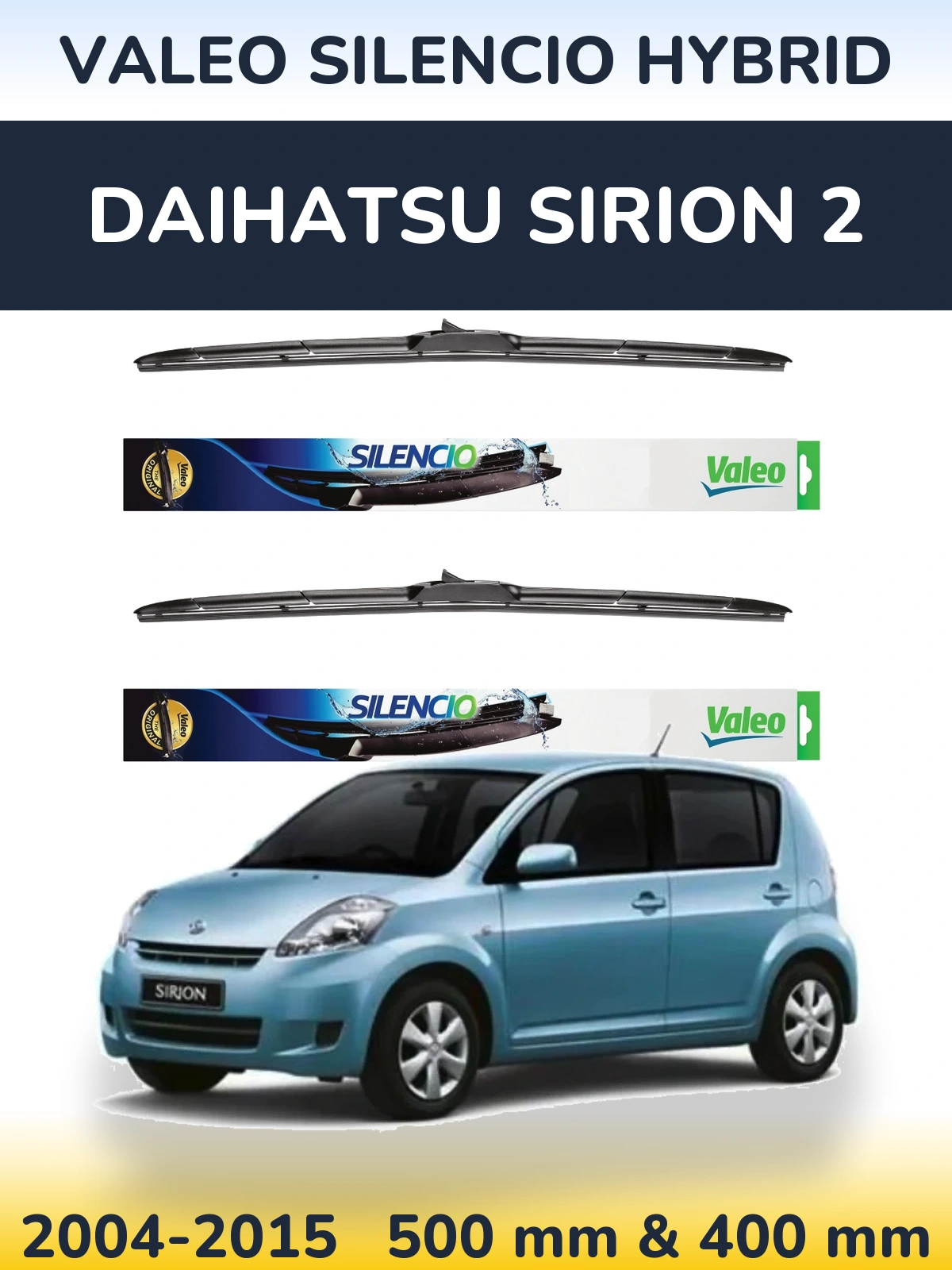 Sada předních stěračů Valeo Silencio Hybrid 500 a 400 mm pro Daihatsu SIrion 2 2004-2015