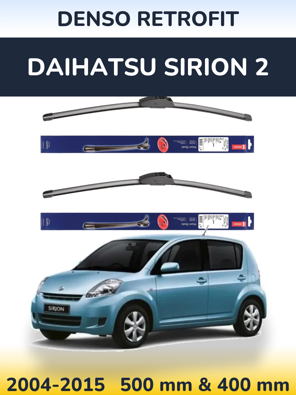 Sada předních stěračů Denso Retrofit 500 a 400 mm pro Daihatsu SIrion 2 2004-2015