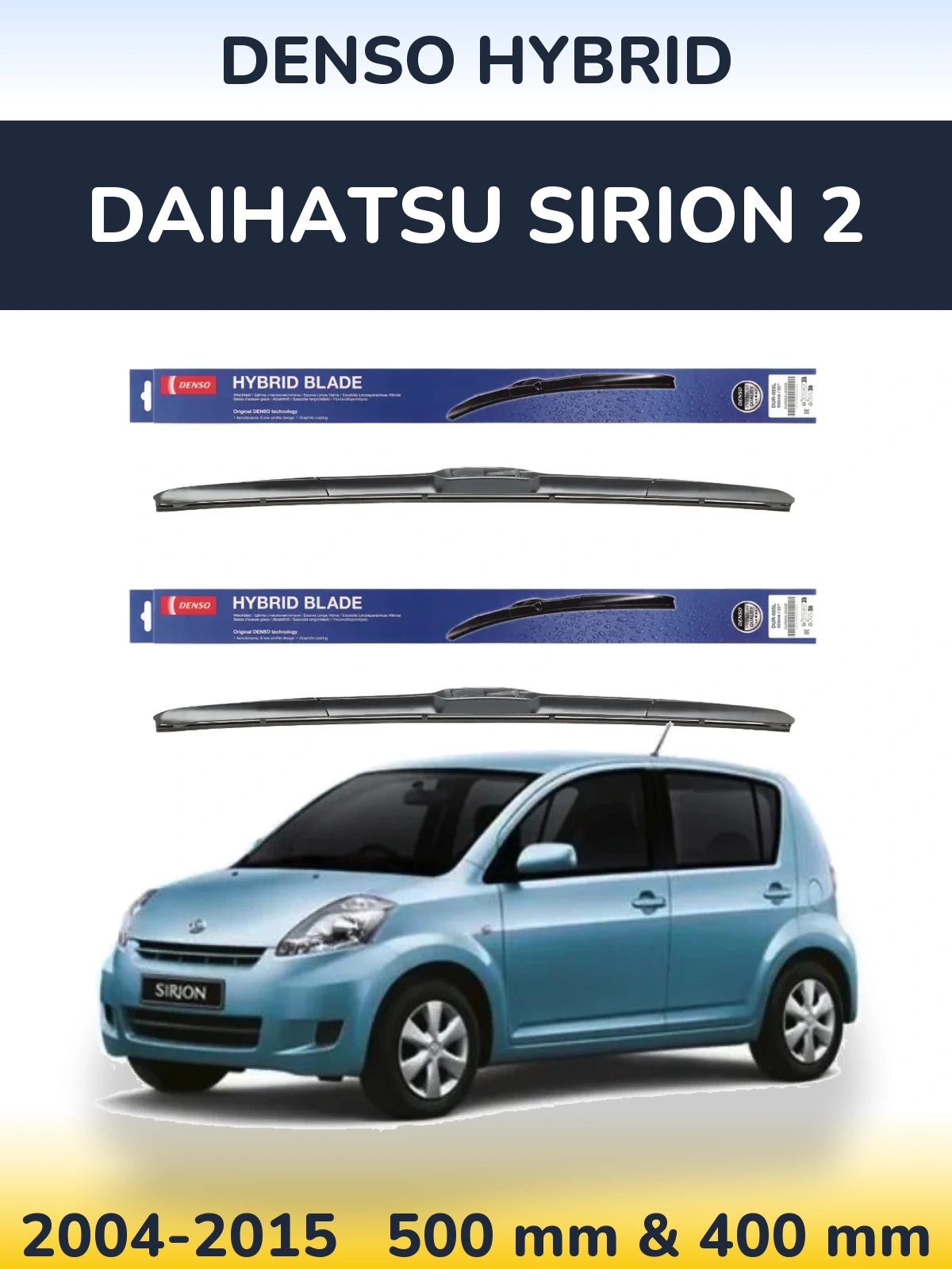 Sada předních stěračů Denso Hybrid 500 a 400 mm pro Daihatsu SIrion 2 2004-2015