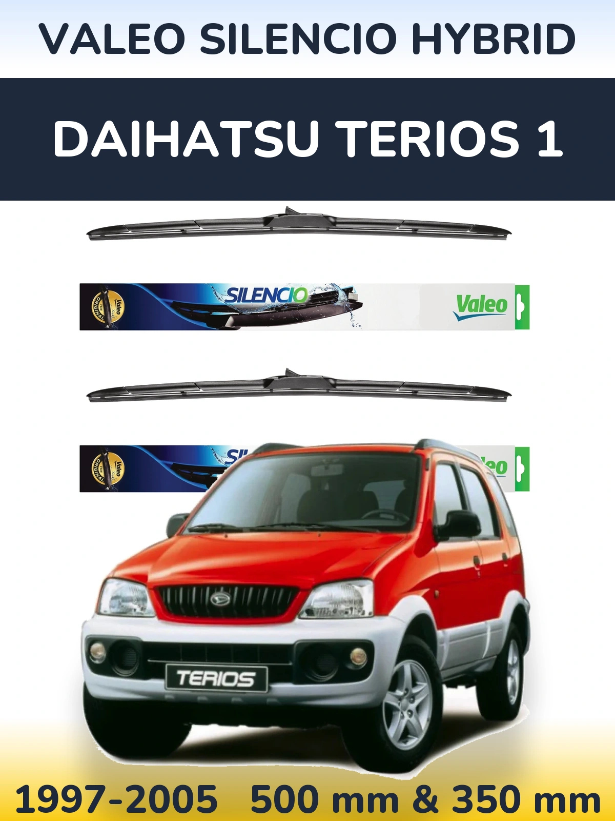Sada předních stěračů Valeo Silencio Hybrid 500 a 350 mm pro Daihatsu Terios 1 1997-2005
