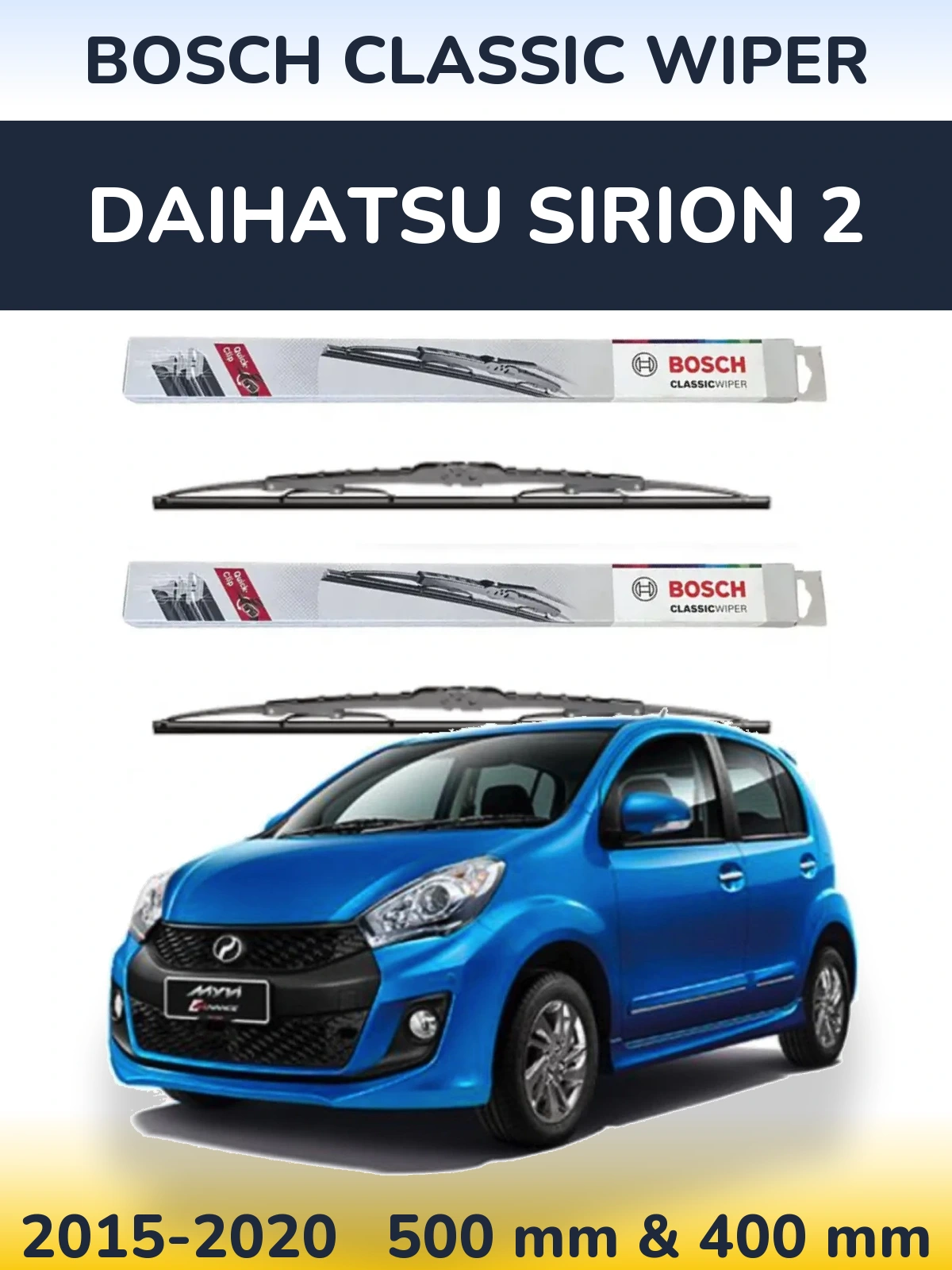 Sada předních stěračů BOSCH Classic Wiper 500 a 400 mm pro Daihatsu SIrion 2 2015-2020