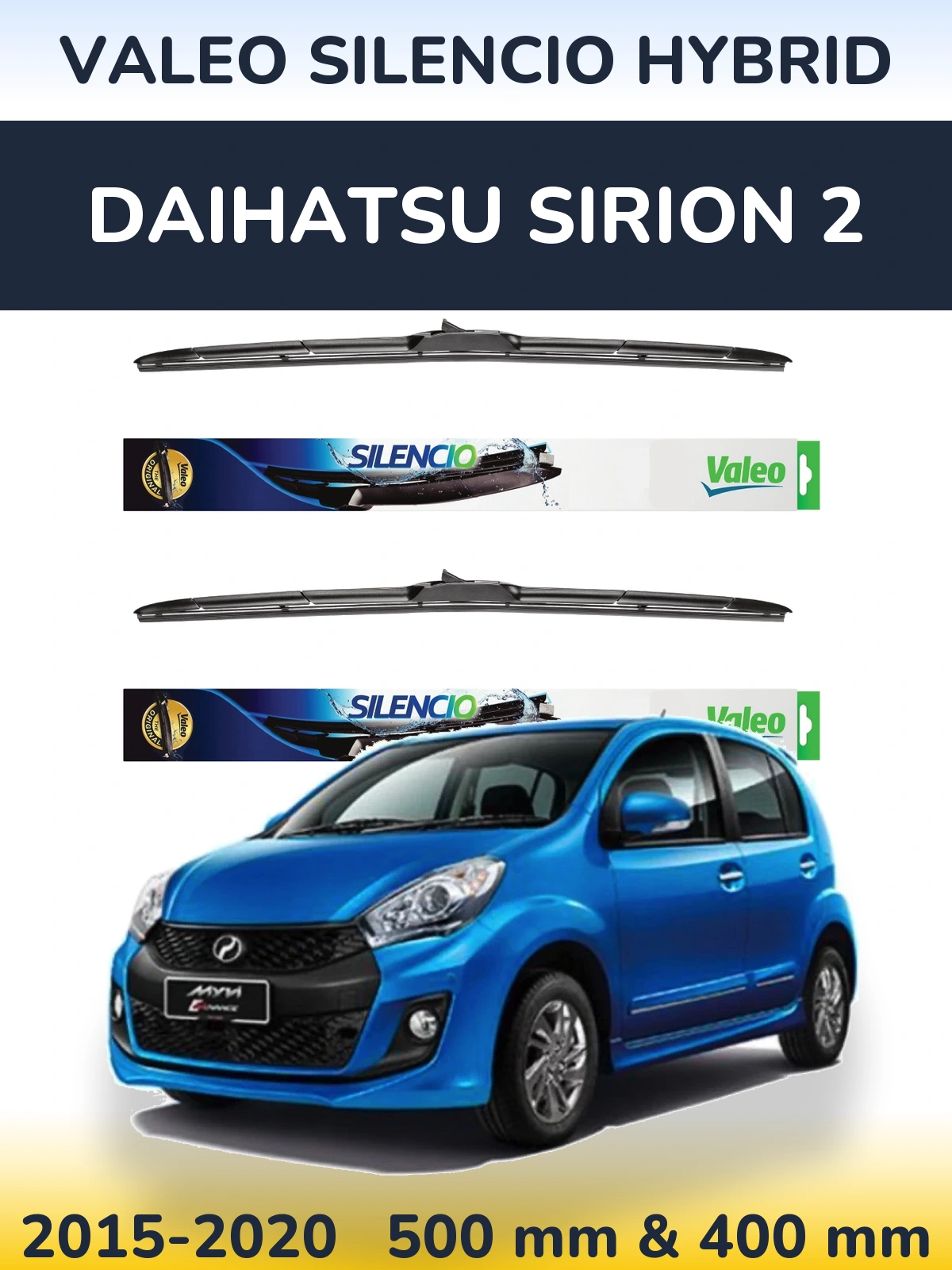 Sada předních stěračů Valeo Silencio Hybrid 500 a 400 mm pro Daihatsu SIrion 2 2015-2020
